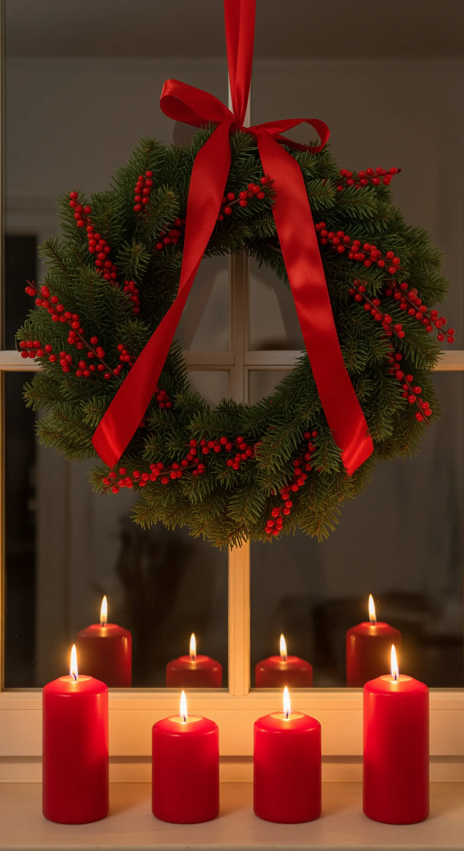 Üppiger, grüner Kranz mit roten Beeren und Schleife im Fenster, darunter vier rote Stumpenkerzen