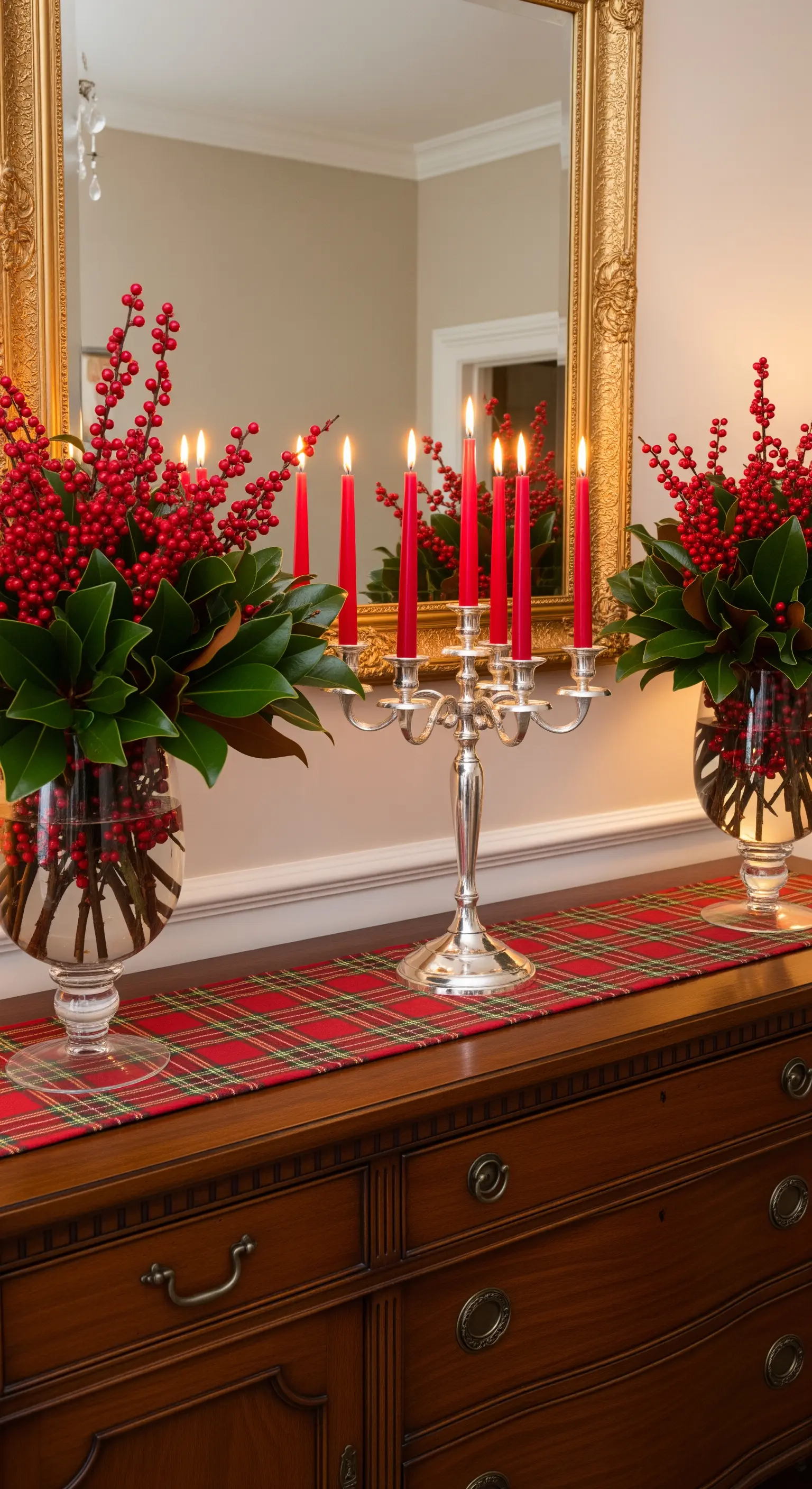 Traditionelle Weihnachtsdeko mit roten Beeren, roten Kerzen und Schottenkaro.