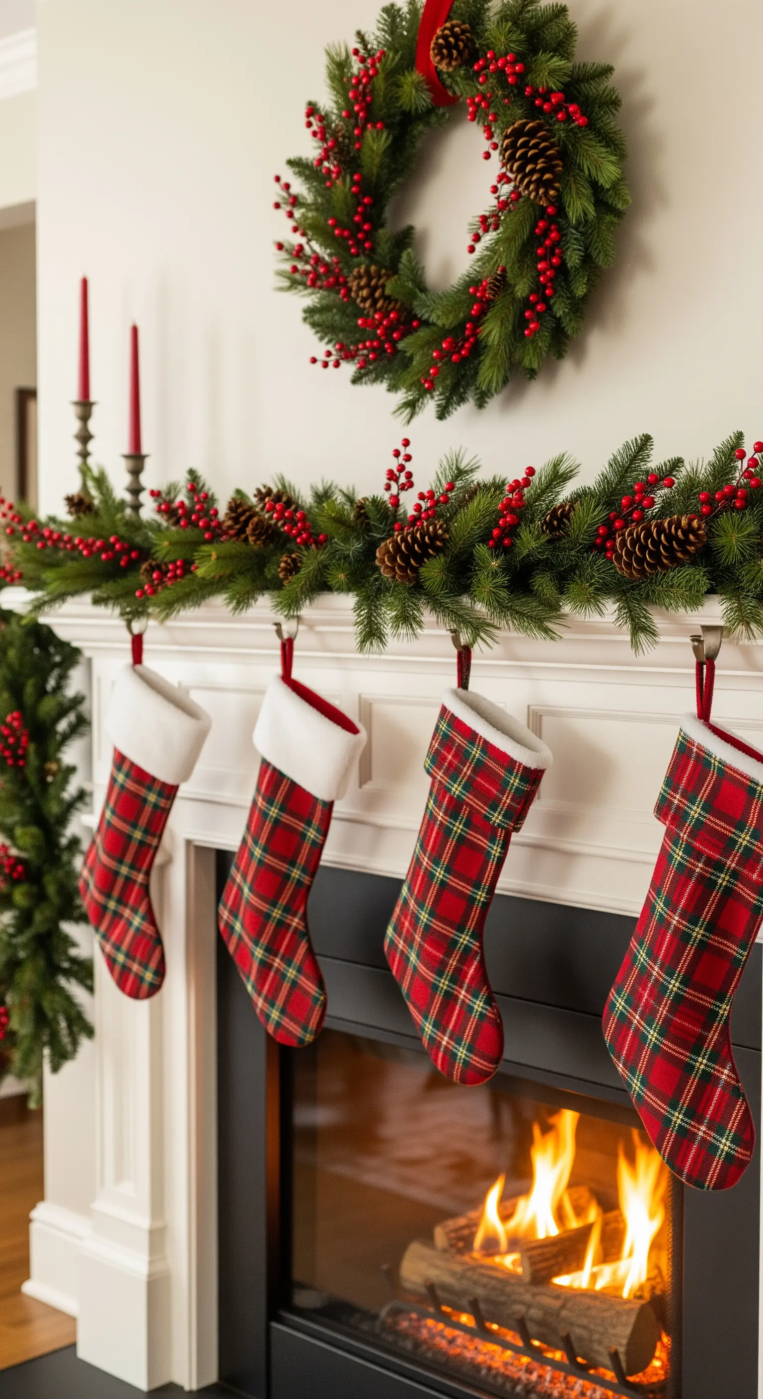 Traditionelle Weihnachtsdeko mit Tannengirlande, karierten Strümpfen und einem Kranz am Kamin.