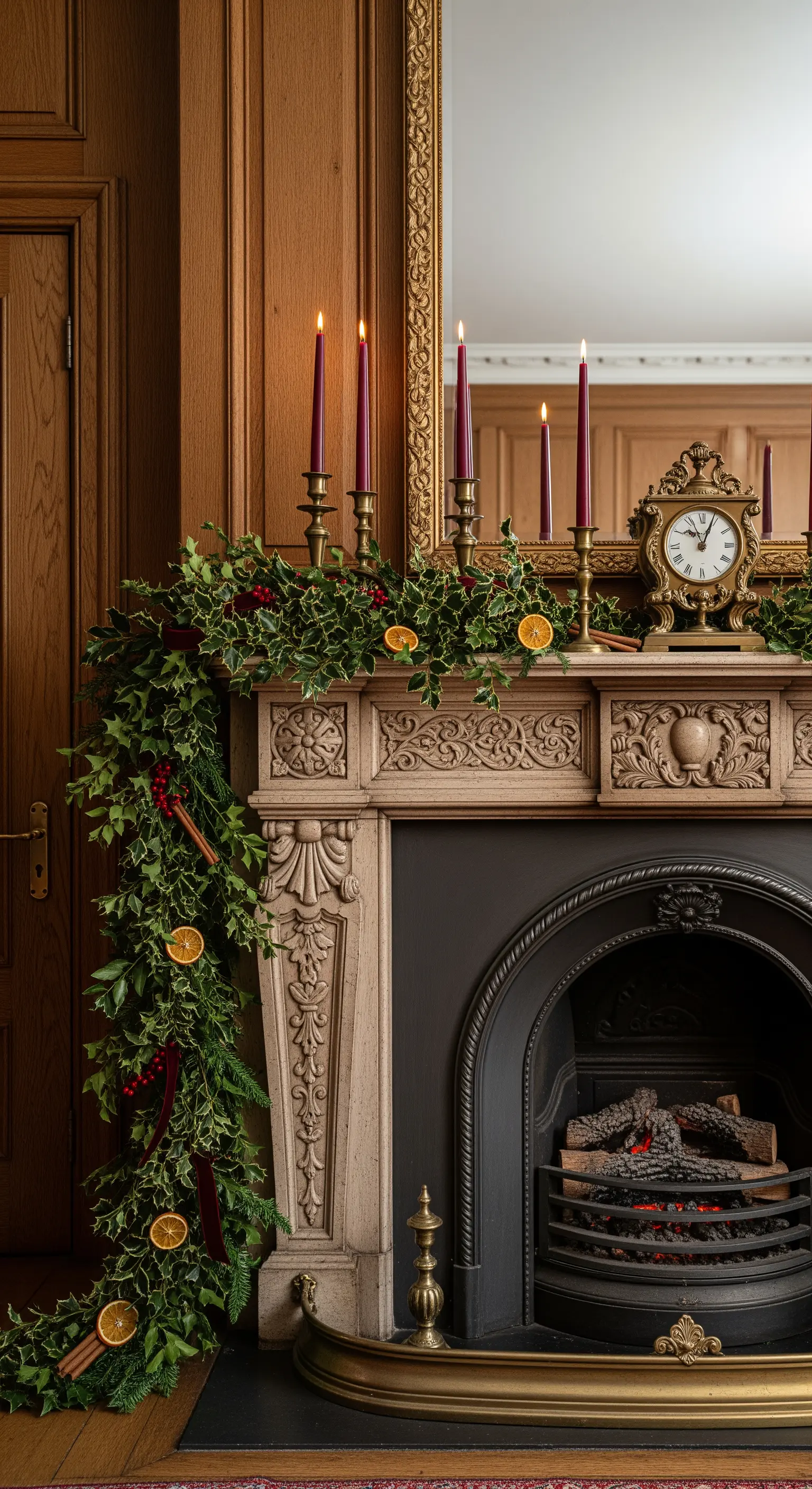 Klassischer Holzkamin mit traditioneller grüner Girlande, roten Beeren und antiken Akzenten