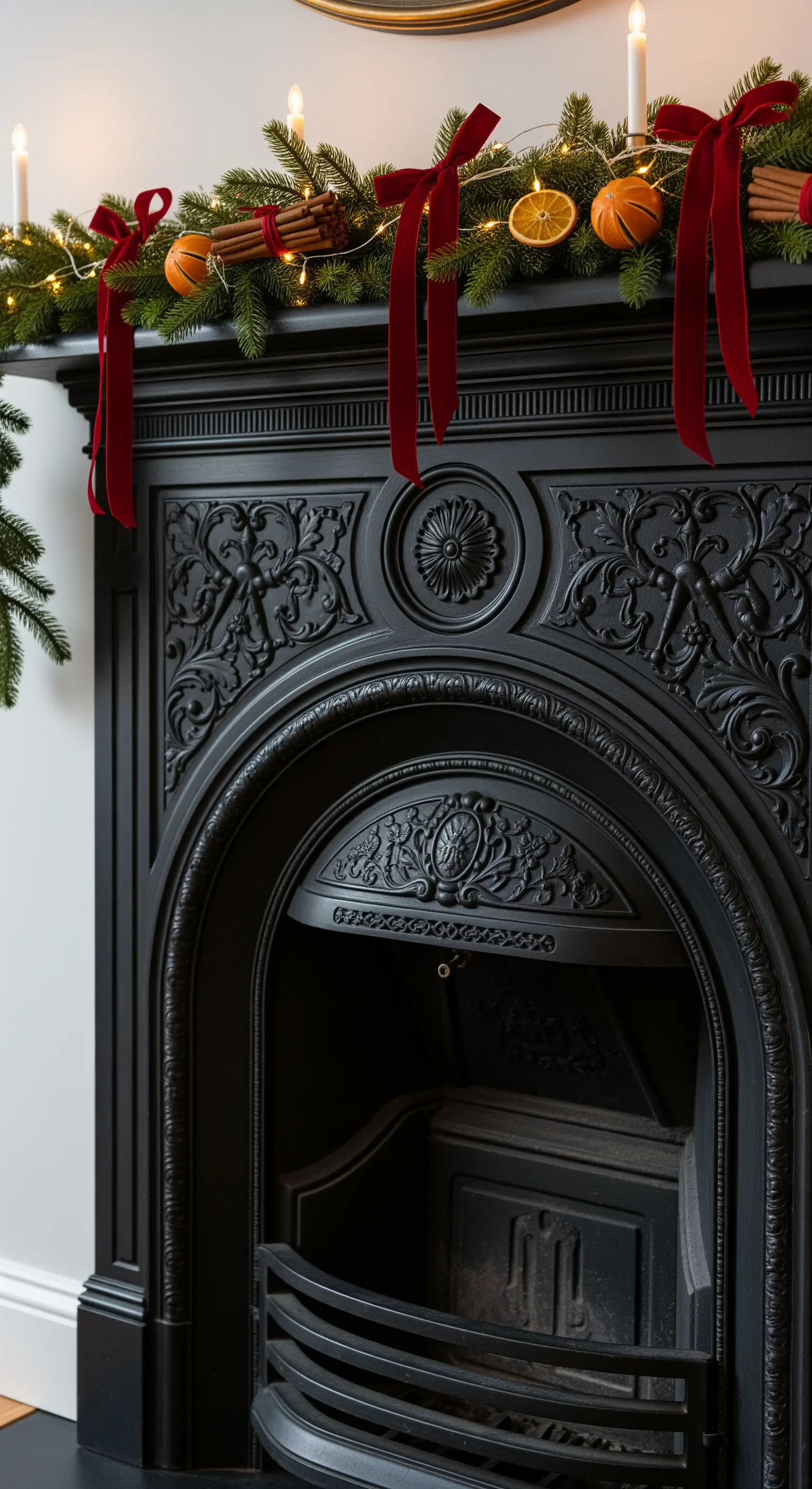 Schwarzer gusseiserner Kamin mit Girlande, Samtschleifen und Zimtstangen.