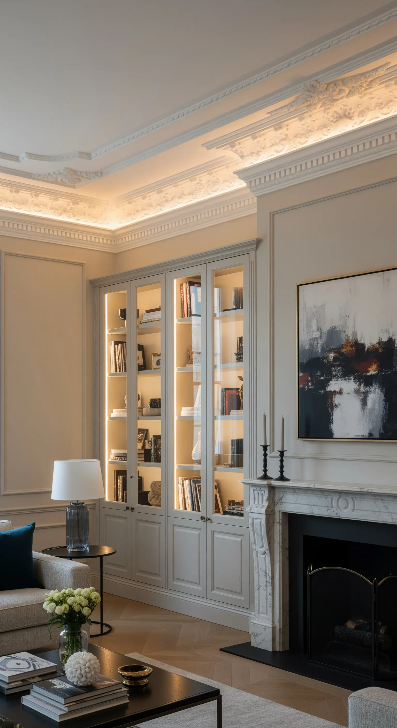 Altbau-Wohnzimmer mit beleuchtetem Deckenstuck und einer Vitrine mit Innenbeleuchtung
