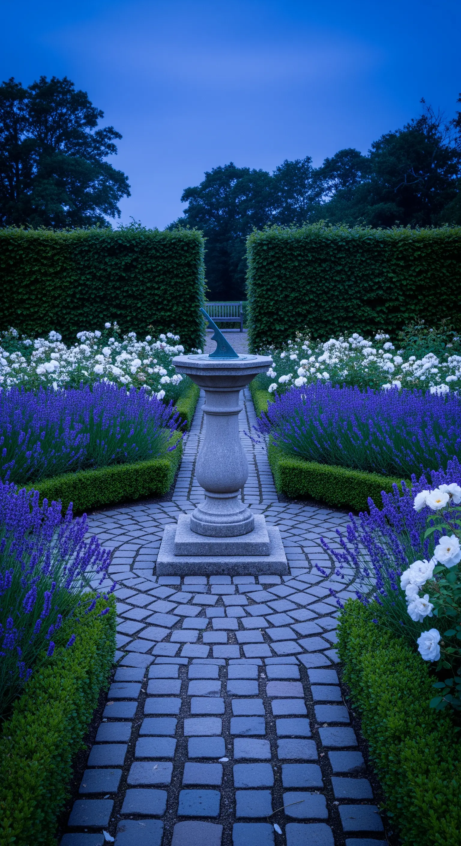 Sonnenuhr in einem formalen Garten, umgeben von Lavendel und weißen Rosen bei Dämmerung