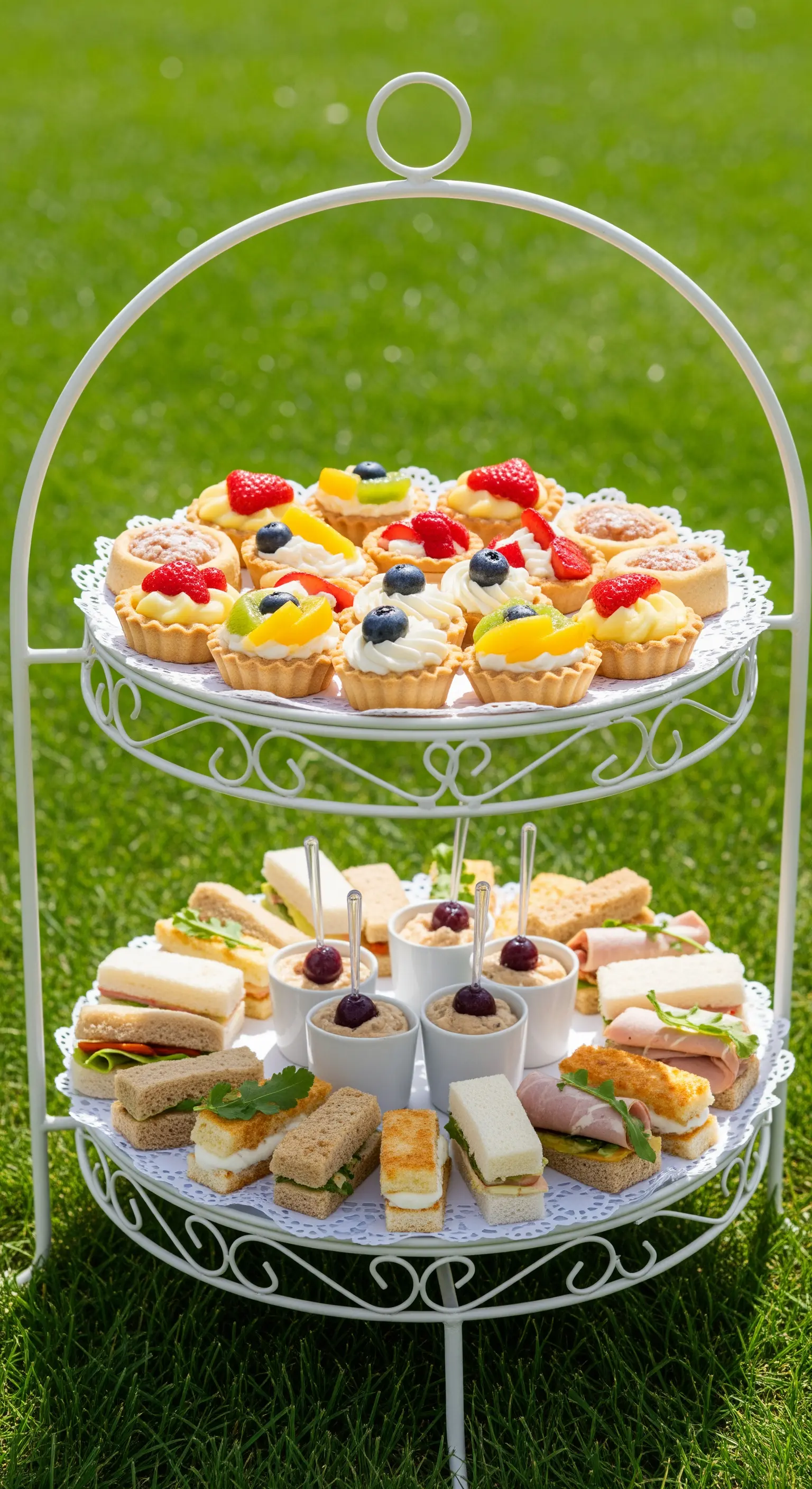 Weiße verschnörkelte Etagere im Gras, beladen mit Sandwiches und Obsttörtchen für eine Teeparty.