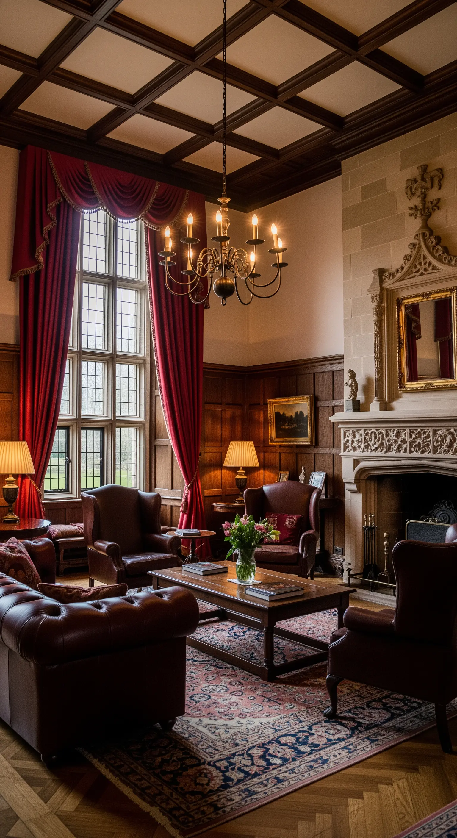 Traditionelle Bibliothek mit dunkler Holzvertäfelung und schweren roten Samtvorhängen.