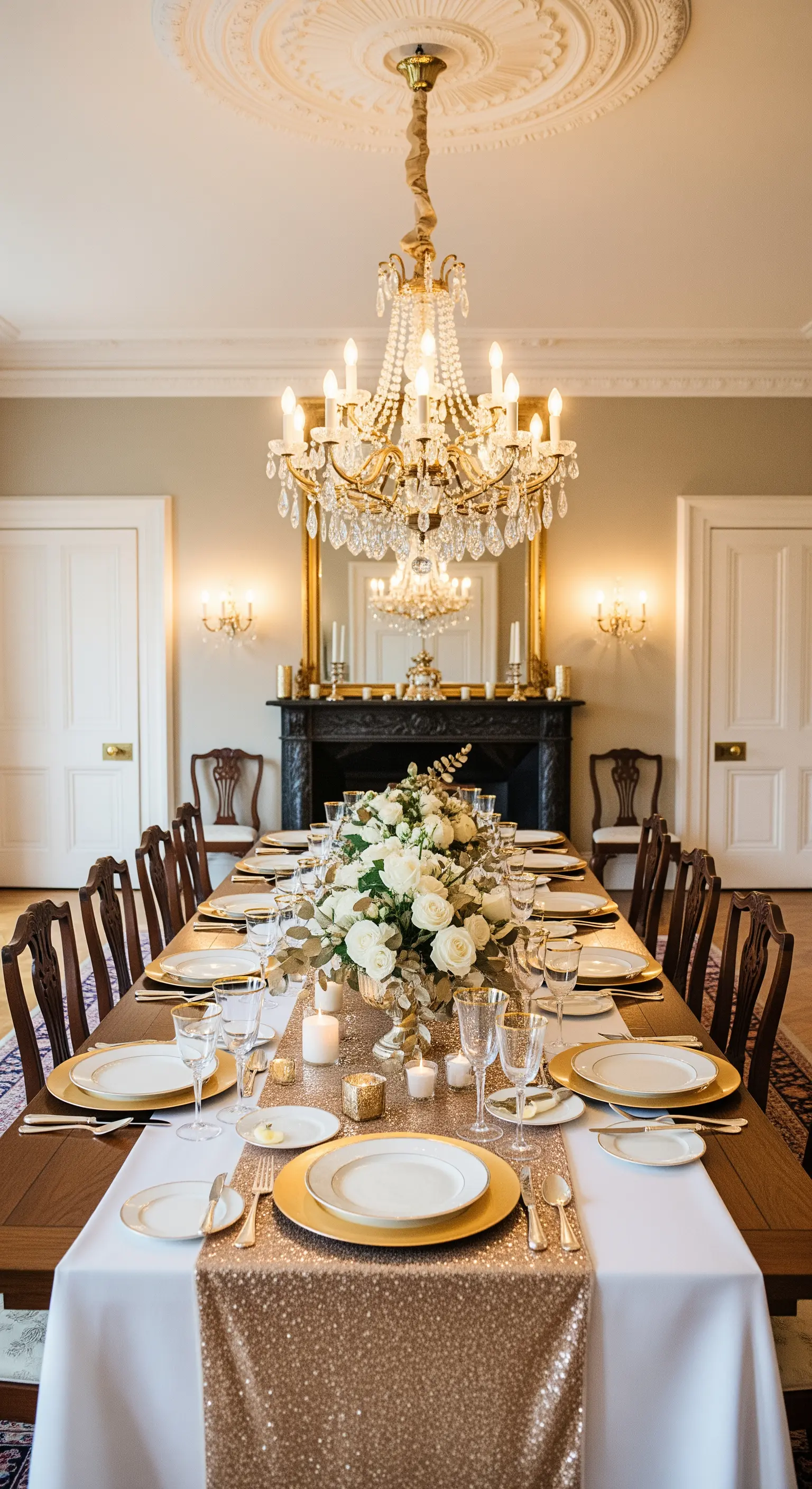 Festliche Tafel mit Gold-Paillettenläufer, weißen Rosen und opulenten Akzenten