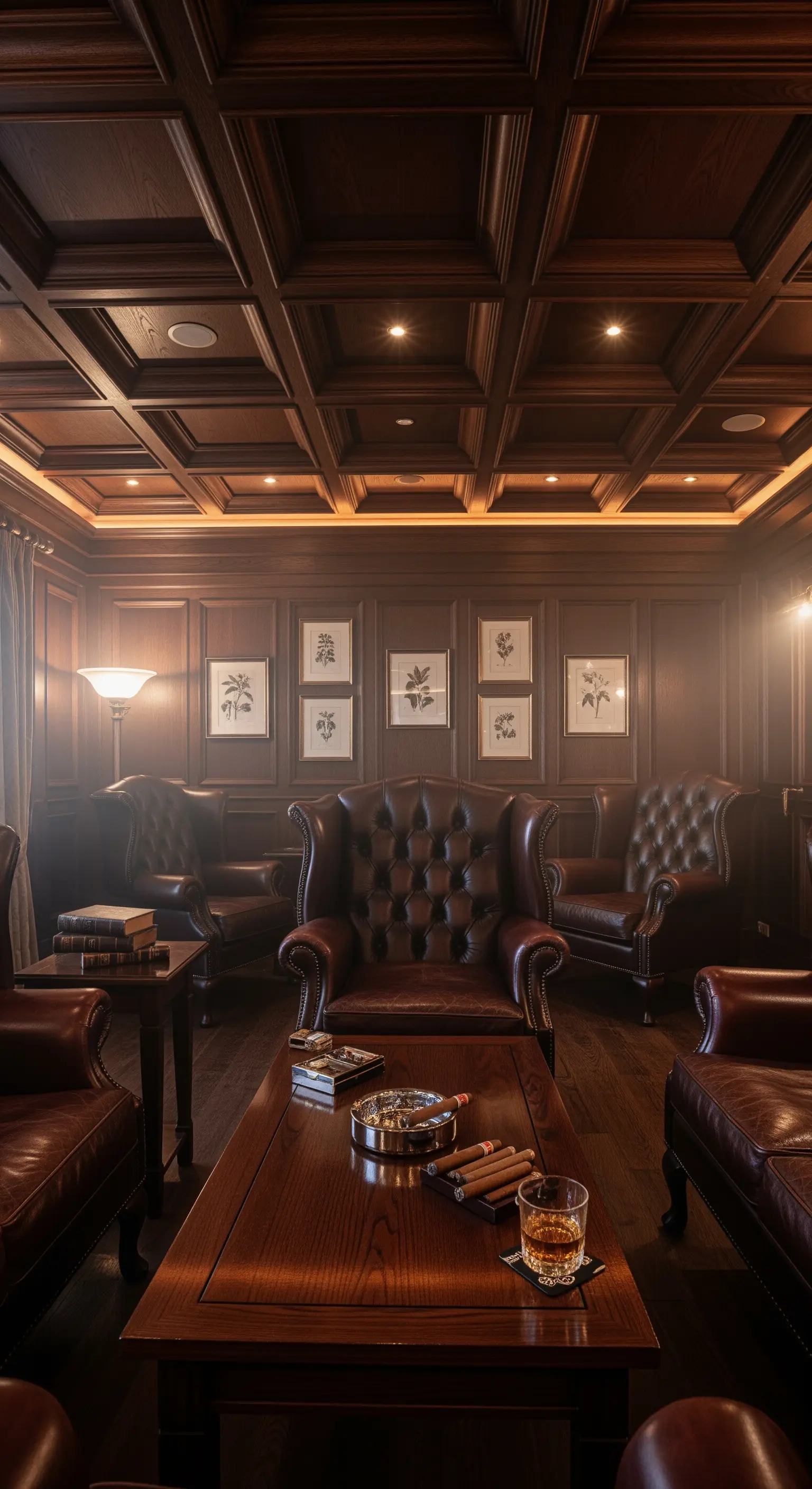 Klassischer Herren-Salon mit Holzkassettendecke, Einbauspots und Ledersesseln