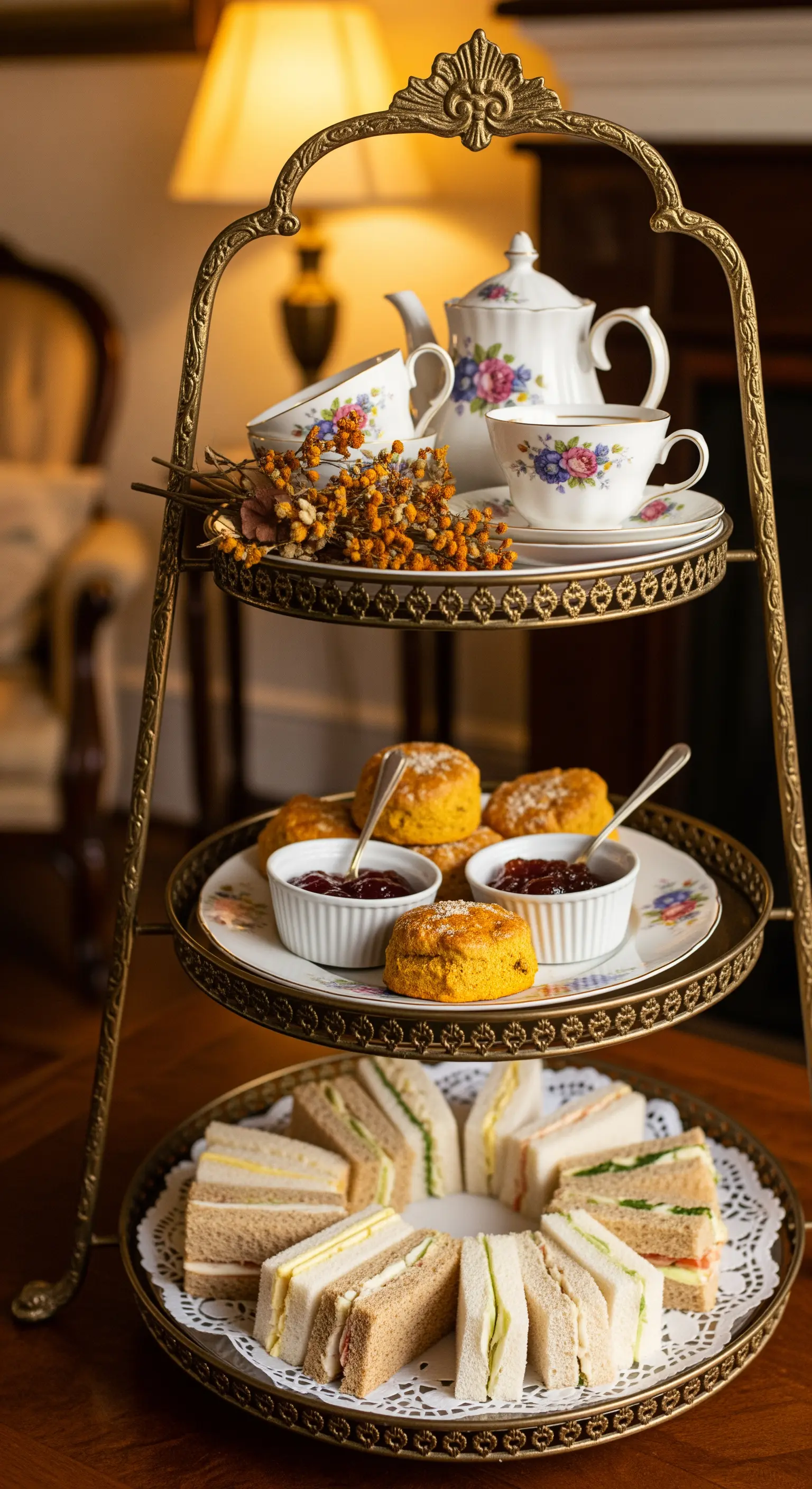Klassische Afternoon Tea Etagere in Gold mit Sandwiches, Scones und Teetassen.