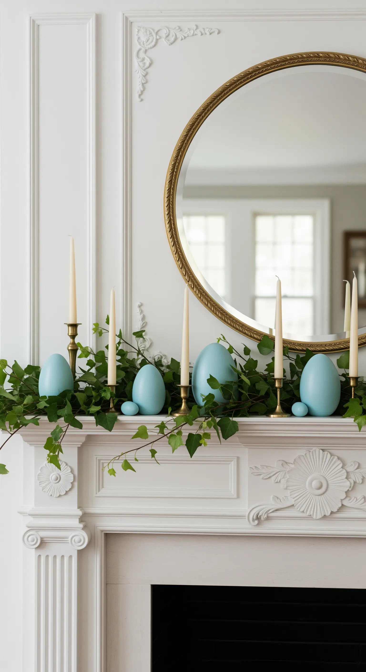 Kaminsims mit Efeugirlande, türkisfarbenen Eiern und goldenen Kerzenleuchtern.