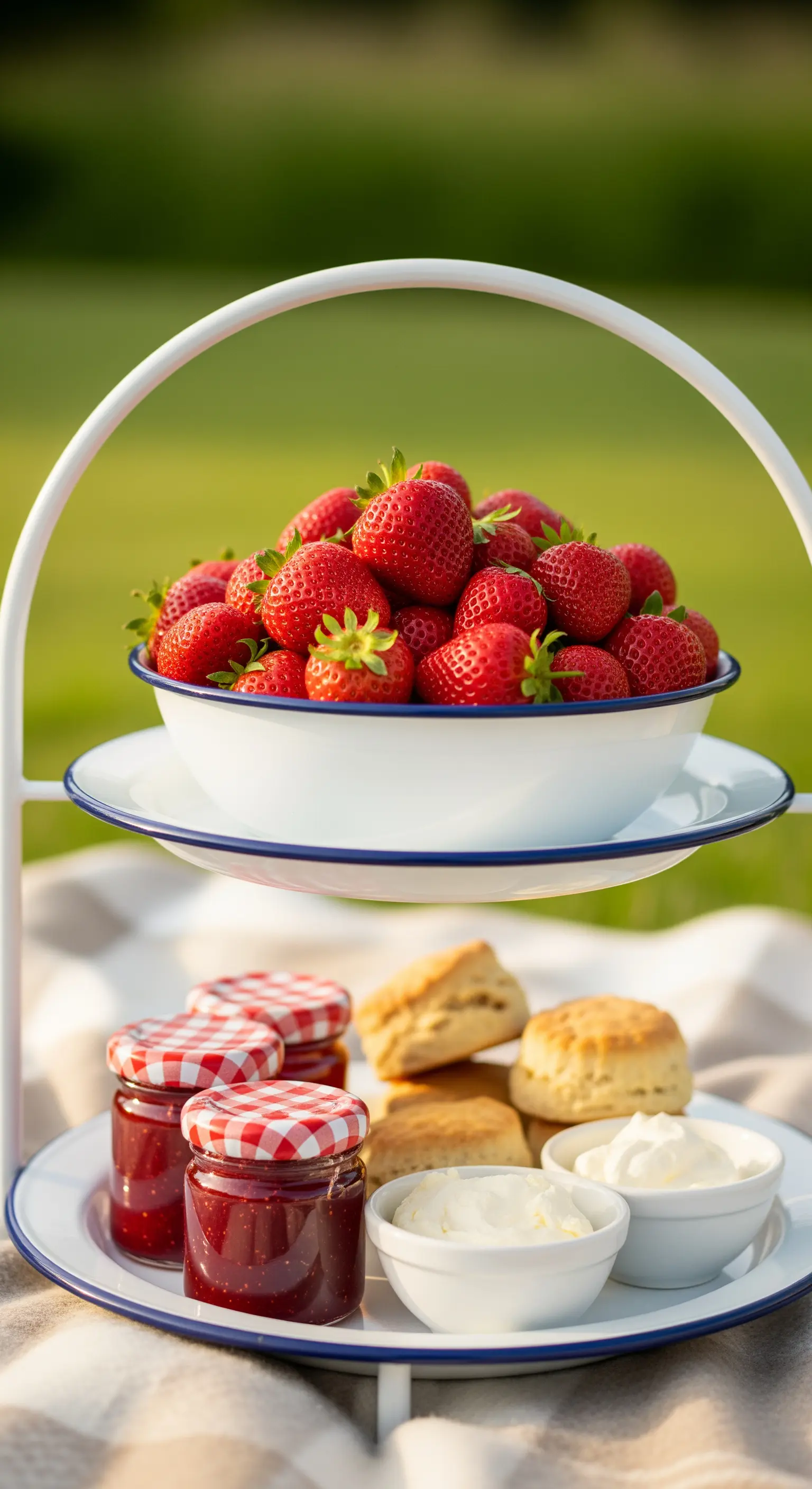 Weiße Emaille-Etagere mit frischen Erdbeeren, Scones und Marmelade für ein Picknick