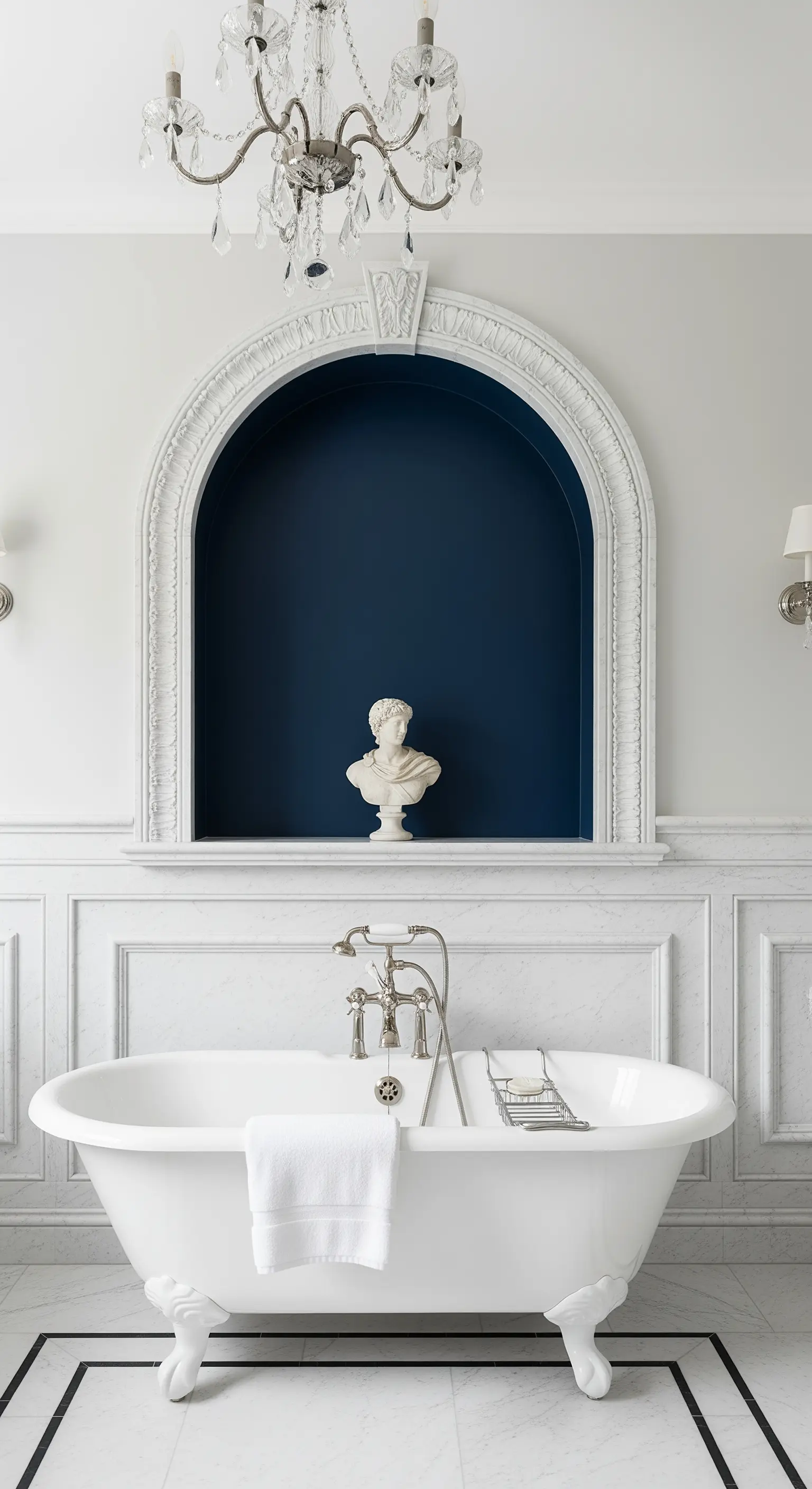 Große, stuckverzierte Bogen-Nische in Dunkelblau als Hintergrund für eine weiße Büste.