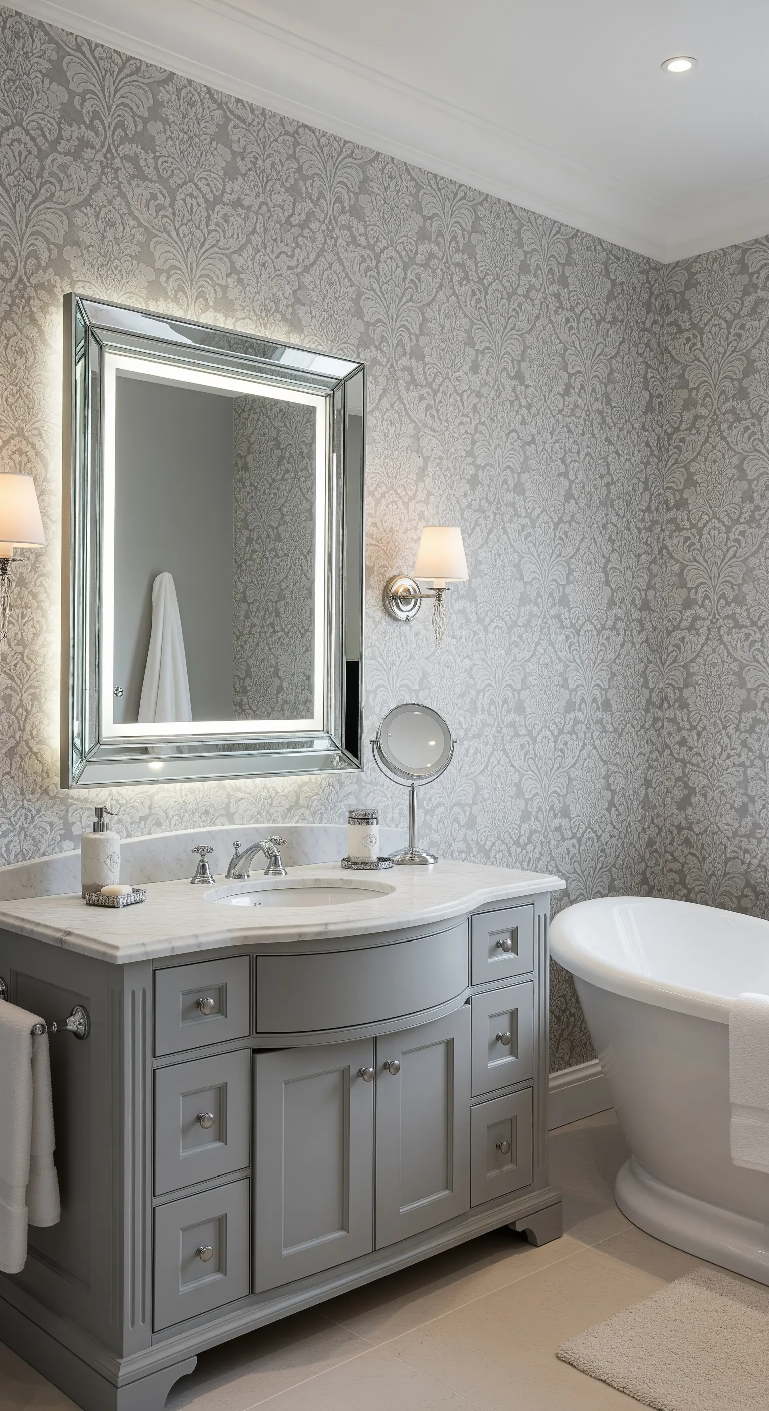 Rechteckiger Spiegel mit facettiertem Rahmen und LED-Hintergrundbeleuchtung im klassischen Bad.