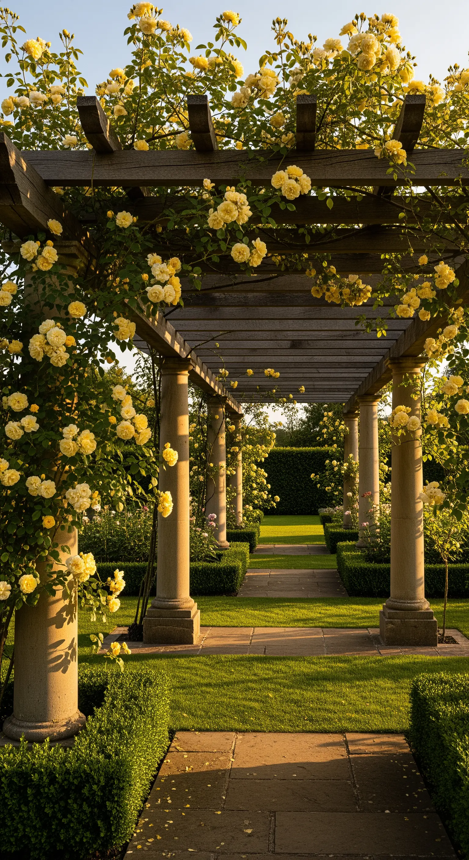 Pergola mit gelben Kletterrosen und Steinsäulen über einem formellen Gartenboulevard