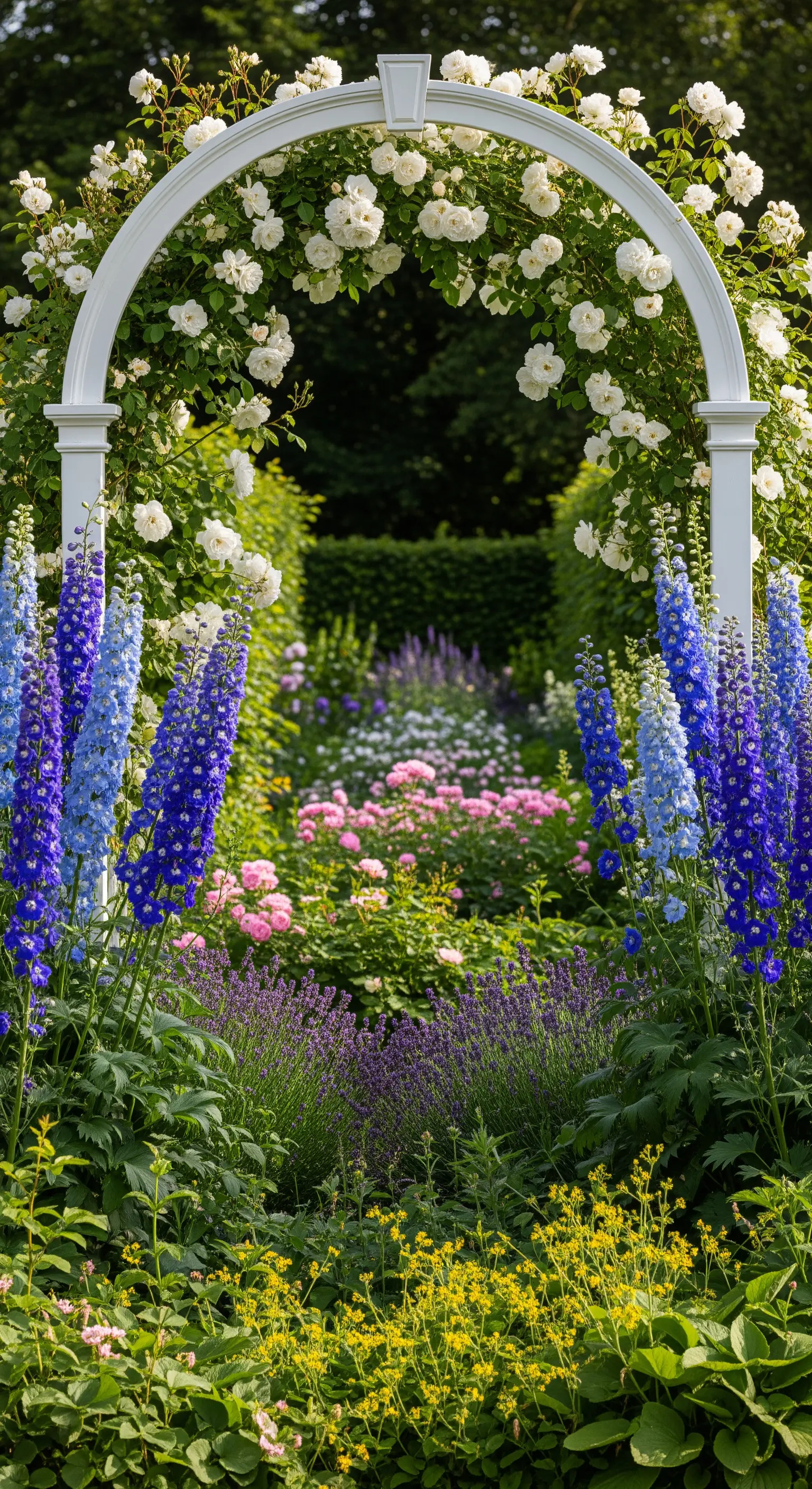 Weißer Rosenbogen, Delphinium, bunte Blütenpracht