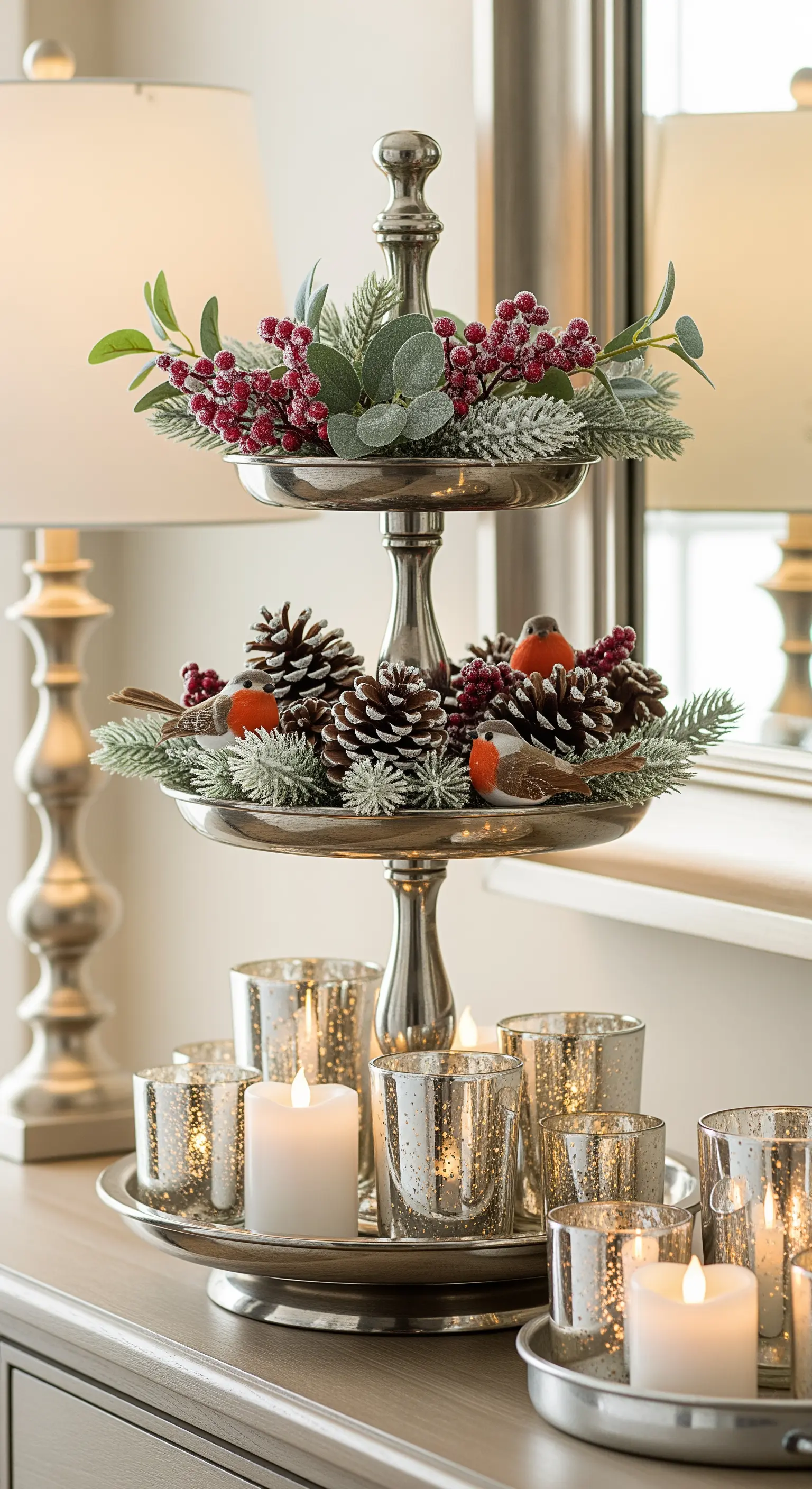 Silberne Etagere mit Zapfen, Beeren, Vögeln und Quecksilber-Teelichthaltern.