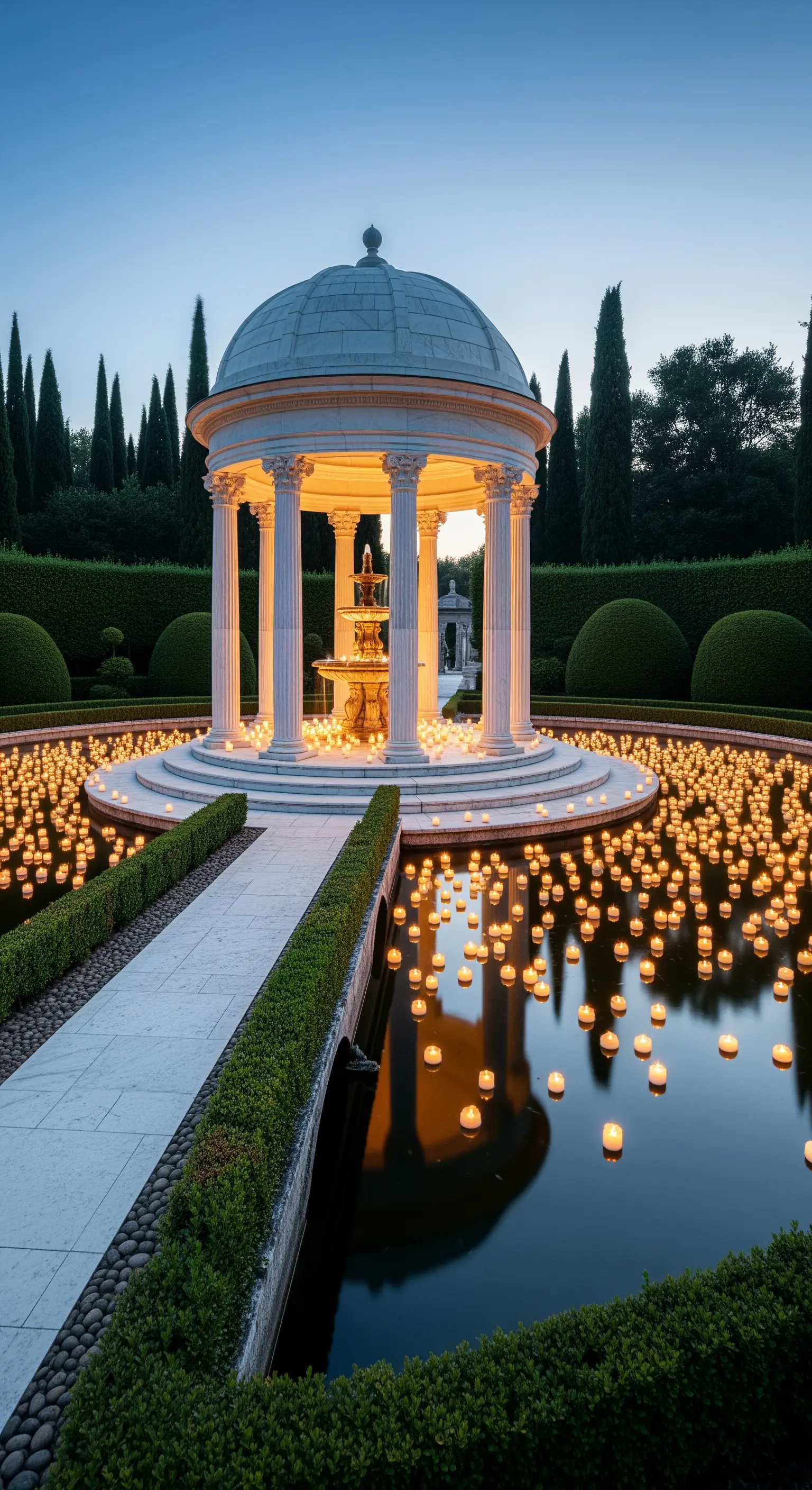 Klassische Rotunde mit Brunnen, umgeben von einem Teich voller schwimmender Kerzen