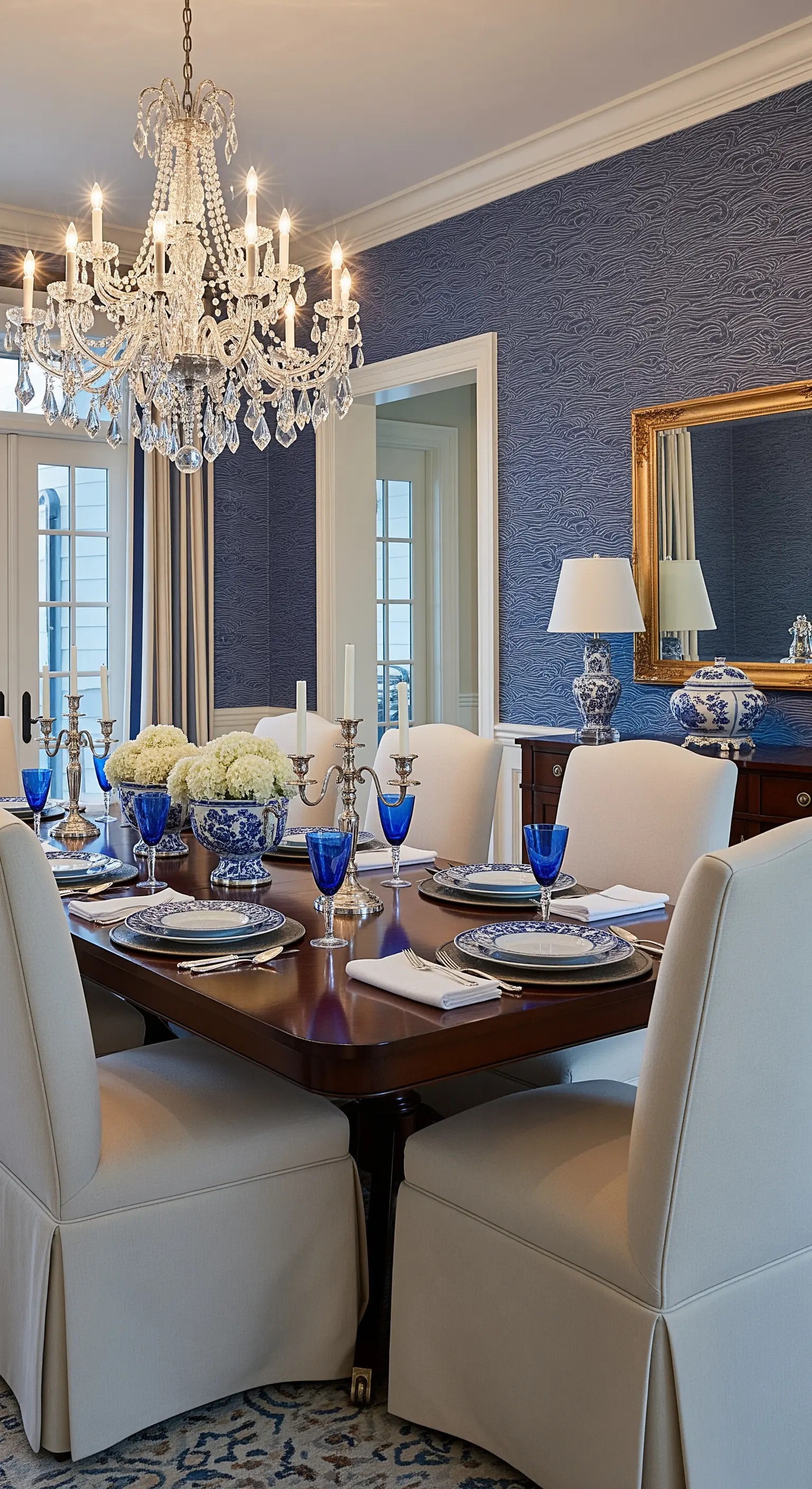 Esszimmer mit marineblauer Mustertapete, Kristallkronleuchter und cremefarbenen Stühlen