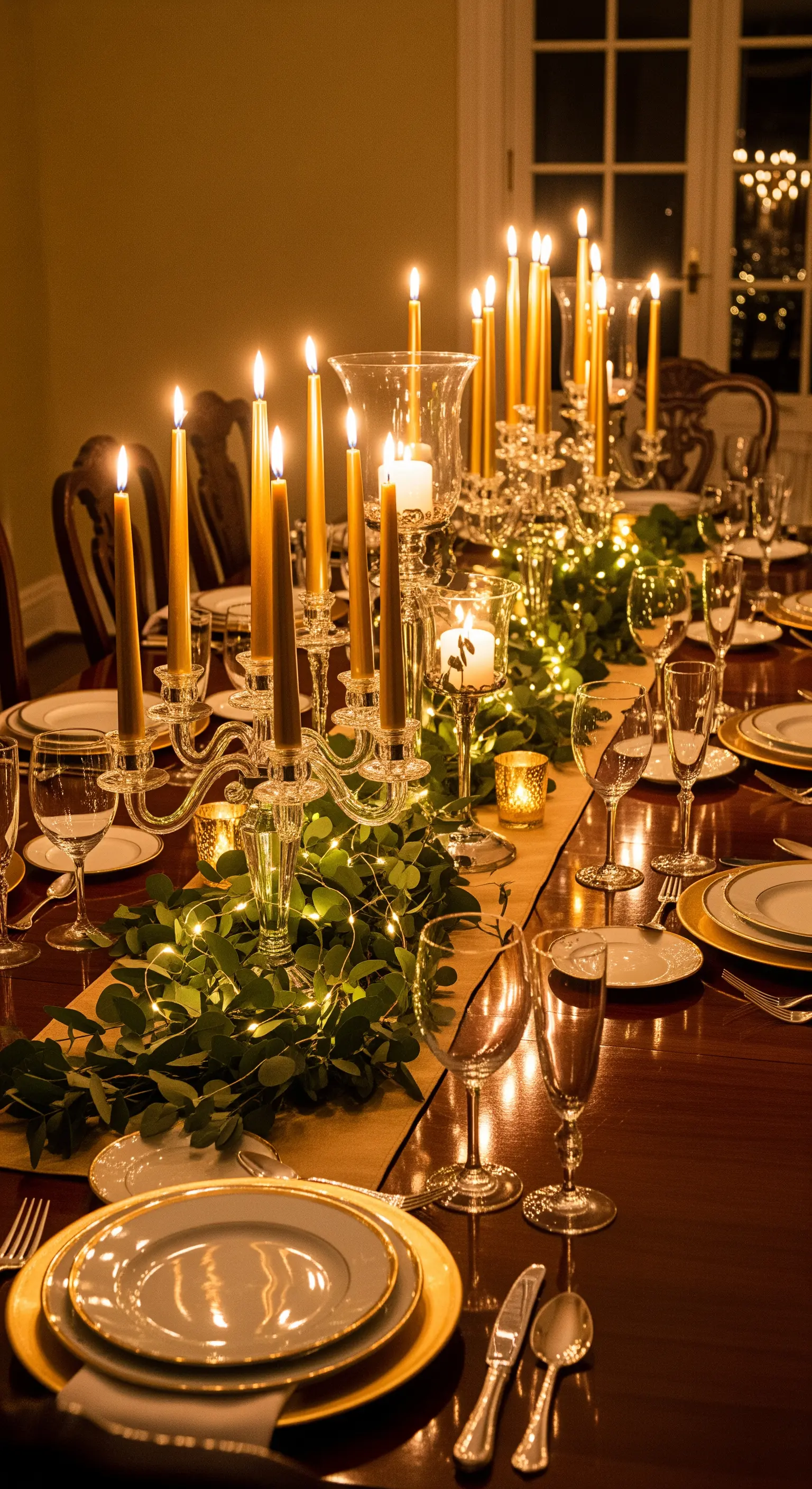 Tischdeko mit hohen Kerzenleuchtern, Eukalyptus und Lichterketten für ein festliches Dinner.