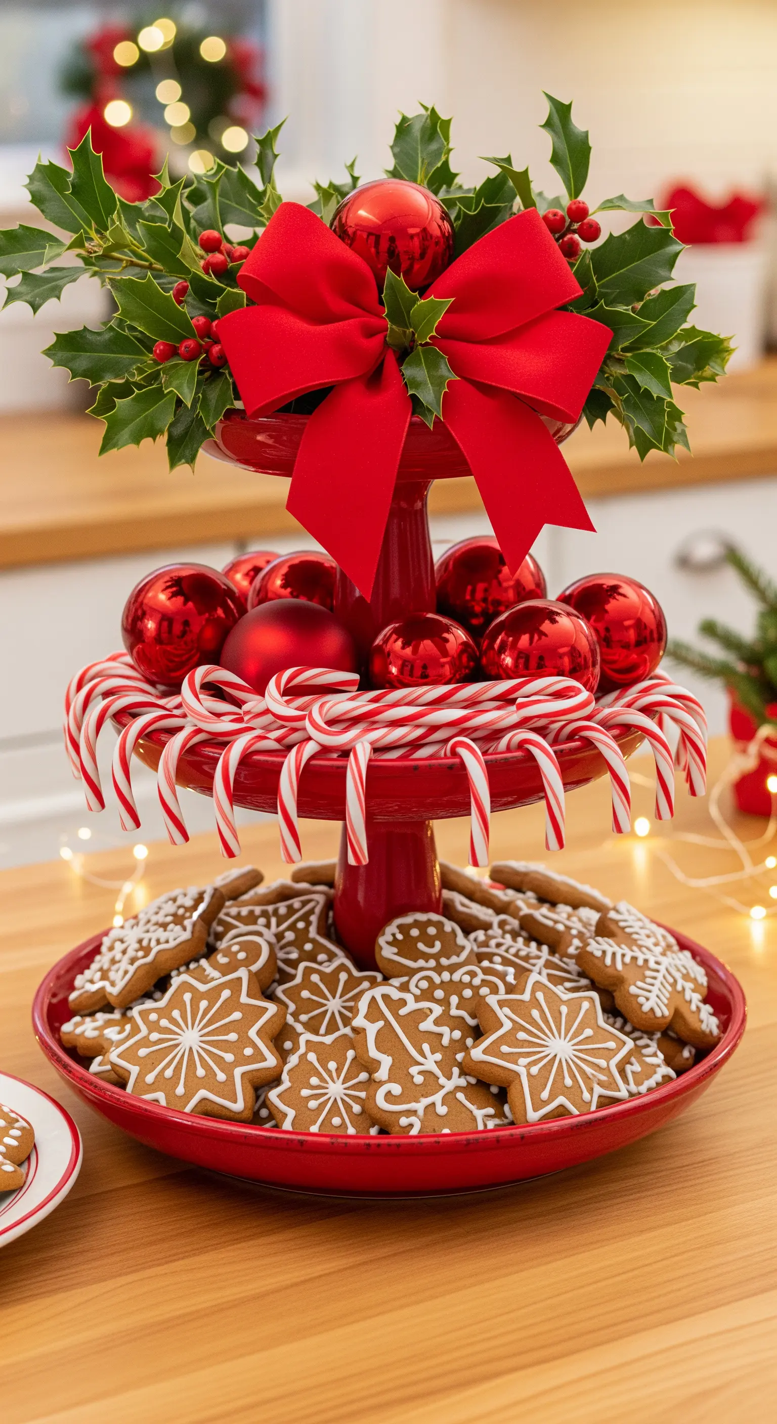 Rote Etagere gefüllt mit Lebkuchen, roten Kugeln, Zuckerstangen und Ilex-Zweigen.