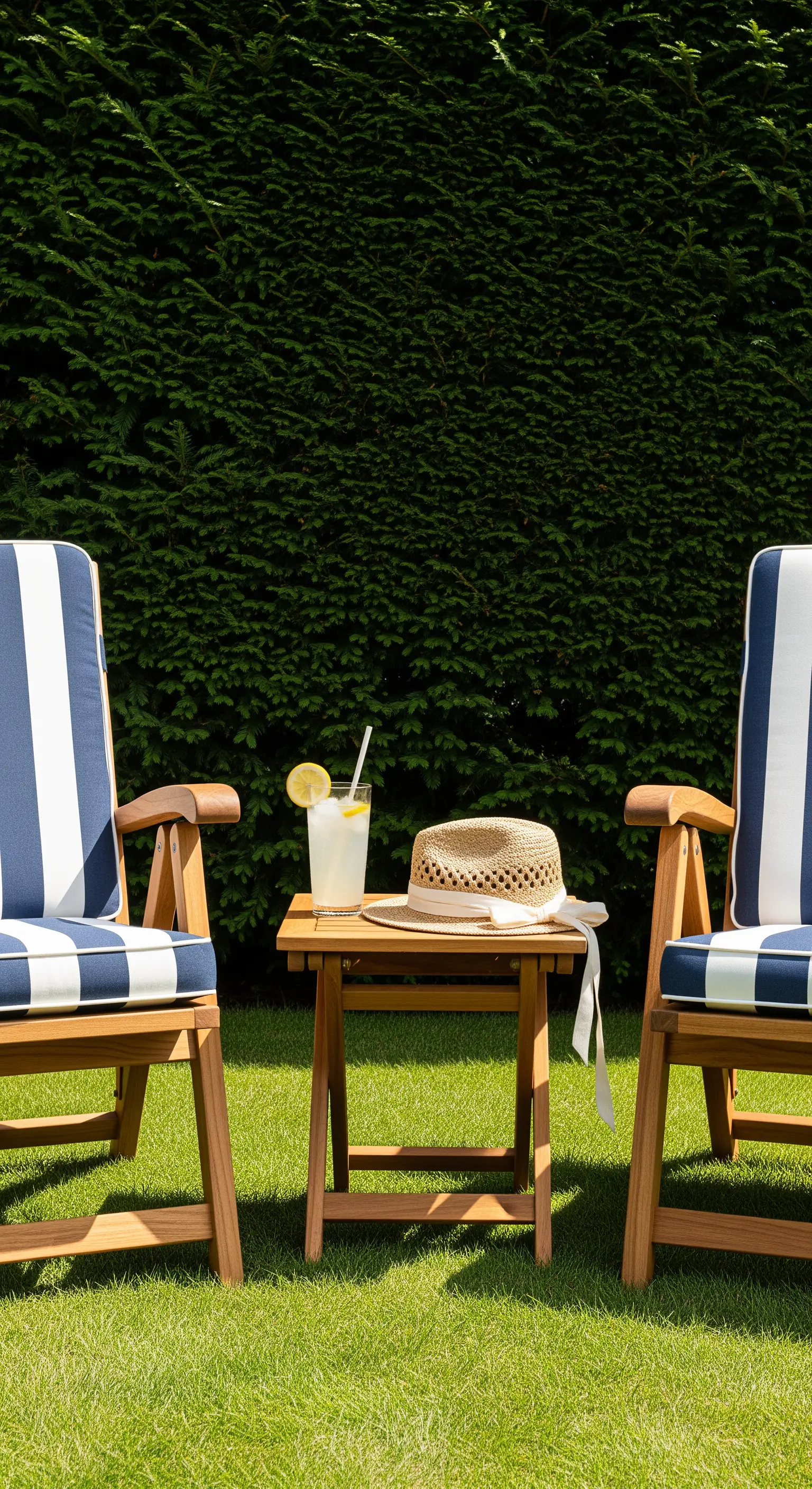 Zwei Holzliegestühle mit blau-weiß gestreiften Kissen und Beistelltisch auf dem Rasen