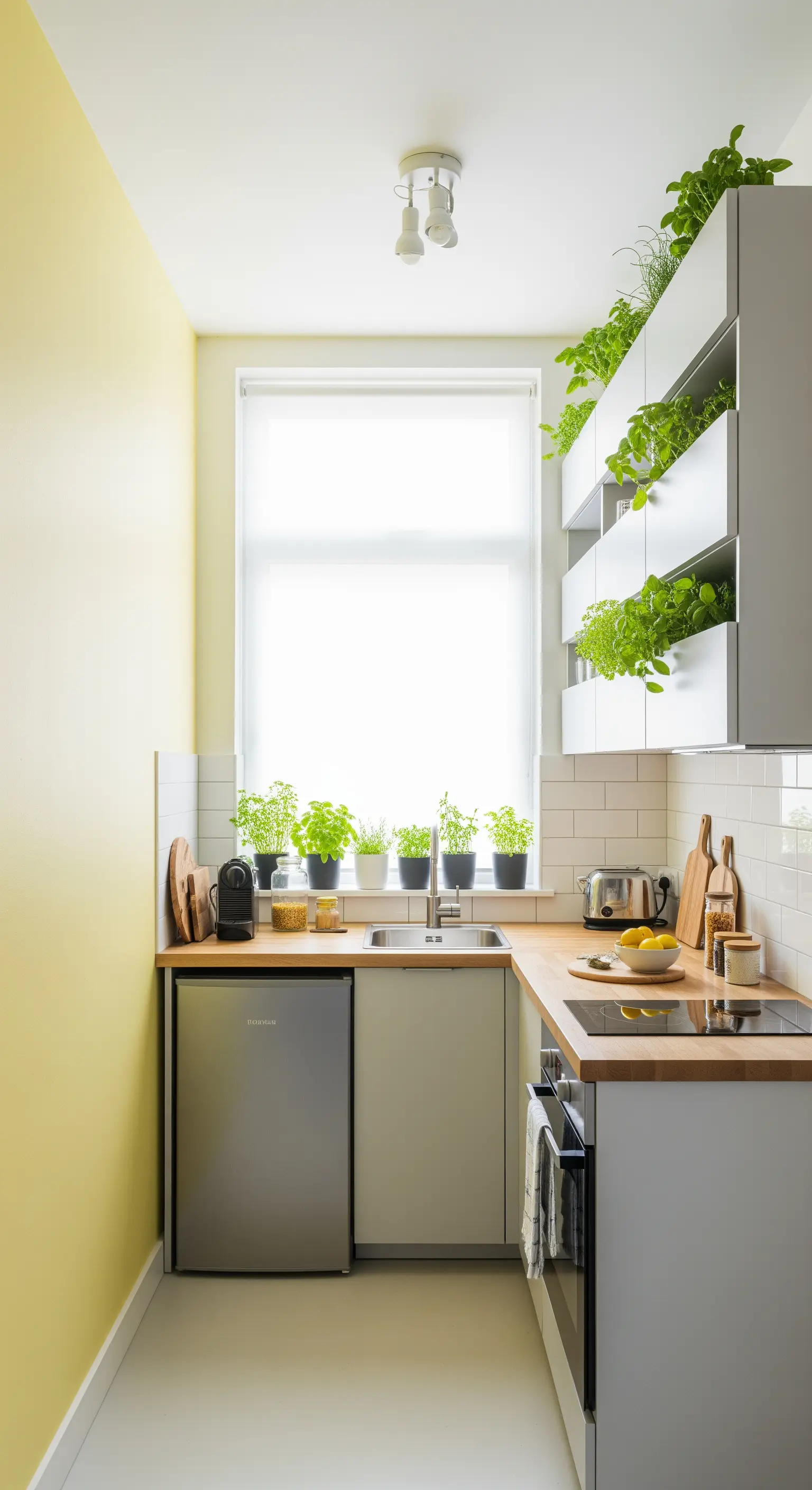 Kleine Küche mit gelber Wand, weißen Fliesen und Kräutern auf der Fensterbank.