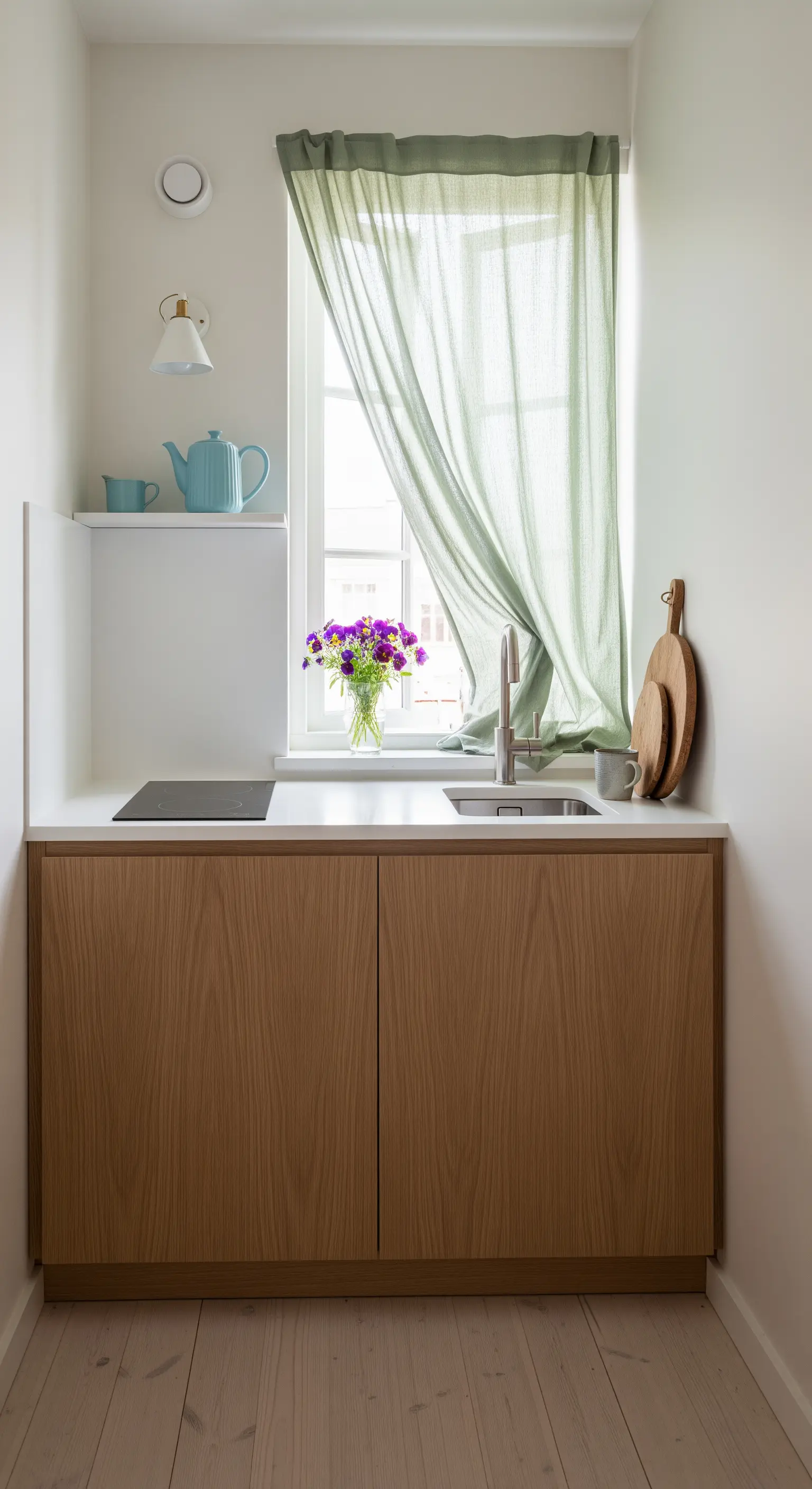 Kleine Küchenzeile mit zartgrünem Vorhang, blauer Teekanne und bunten Blüten