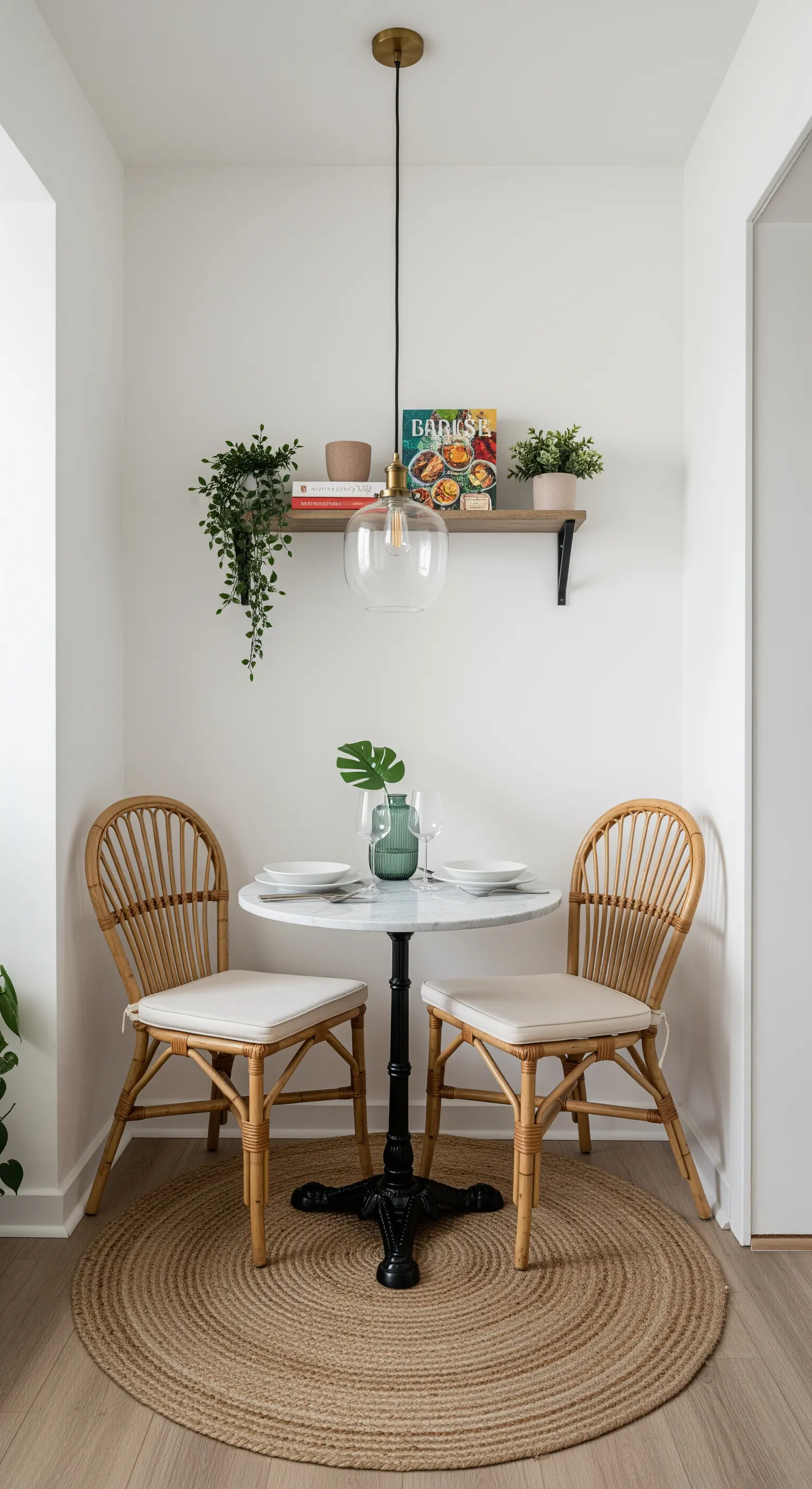 Kleine Essecke mit rundem Marmortisch und zwei Rattan-Stühlen.