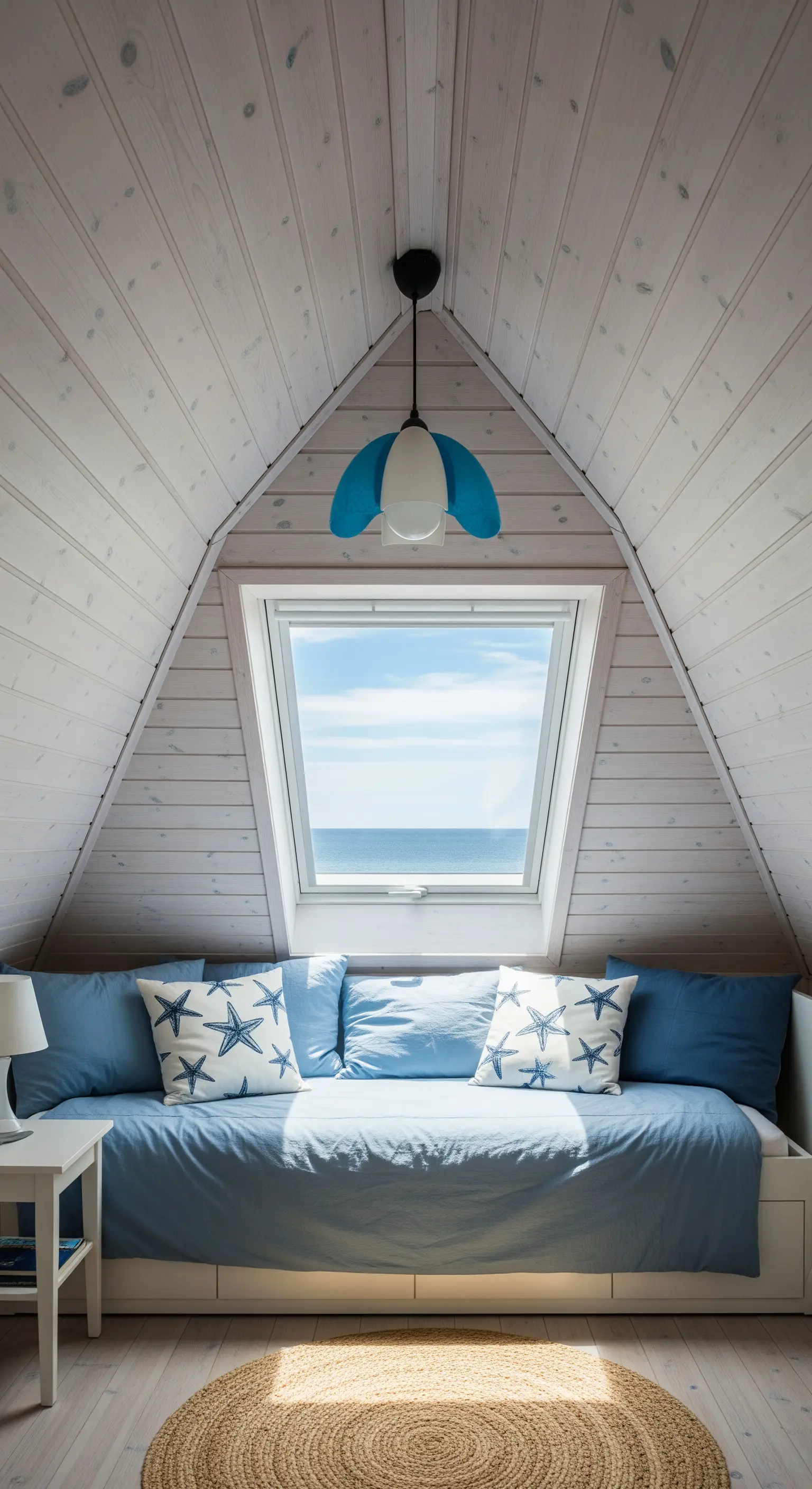 Dachzimmer, Meerblick, Tagesliege, Seestern-Kissen, Jute Teppich, maritime Deko