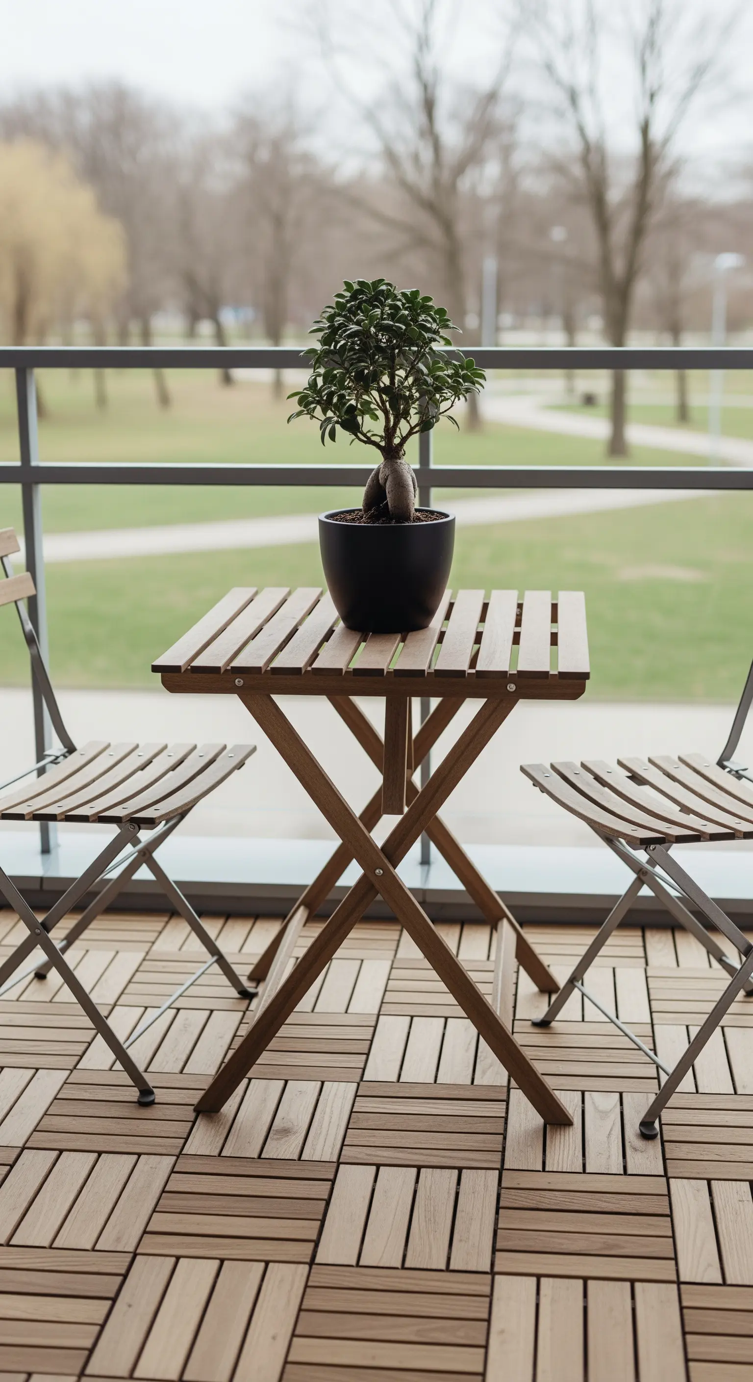 Balkon Kaffeeecke mit Bonsai und Holzmöbeln