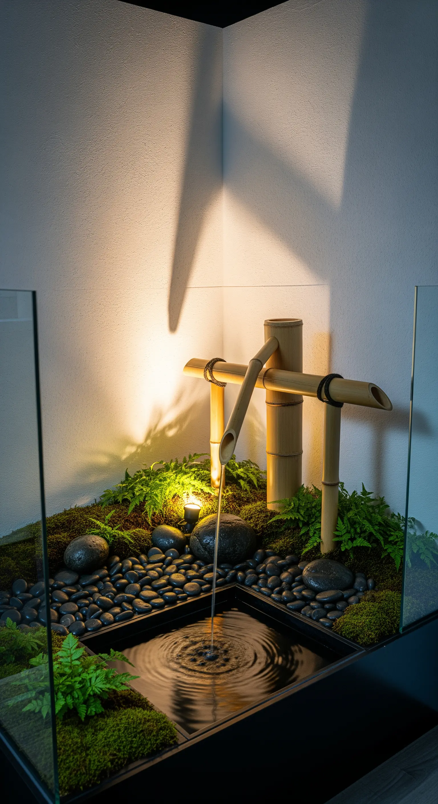 Kleiner Zen-Brunnen mit Bambus-Wasserspeier, Moos und Felsen