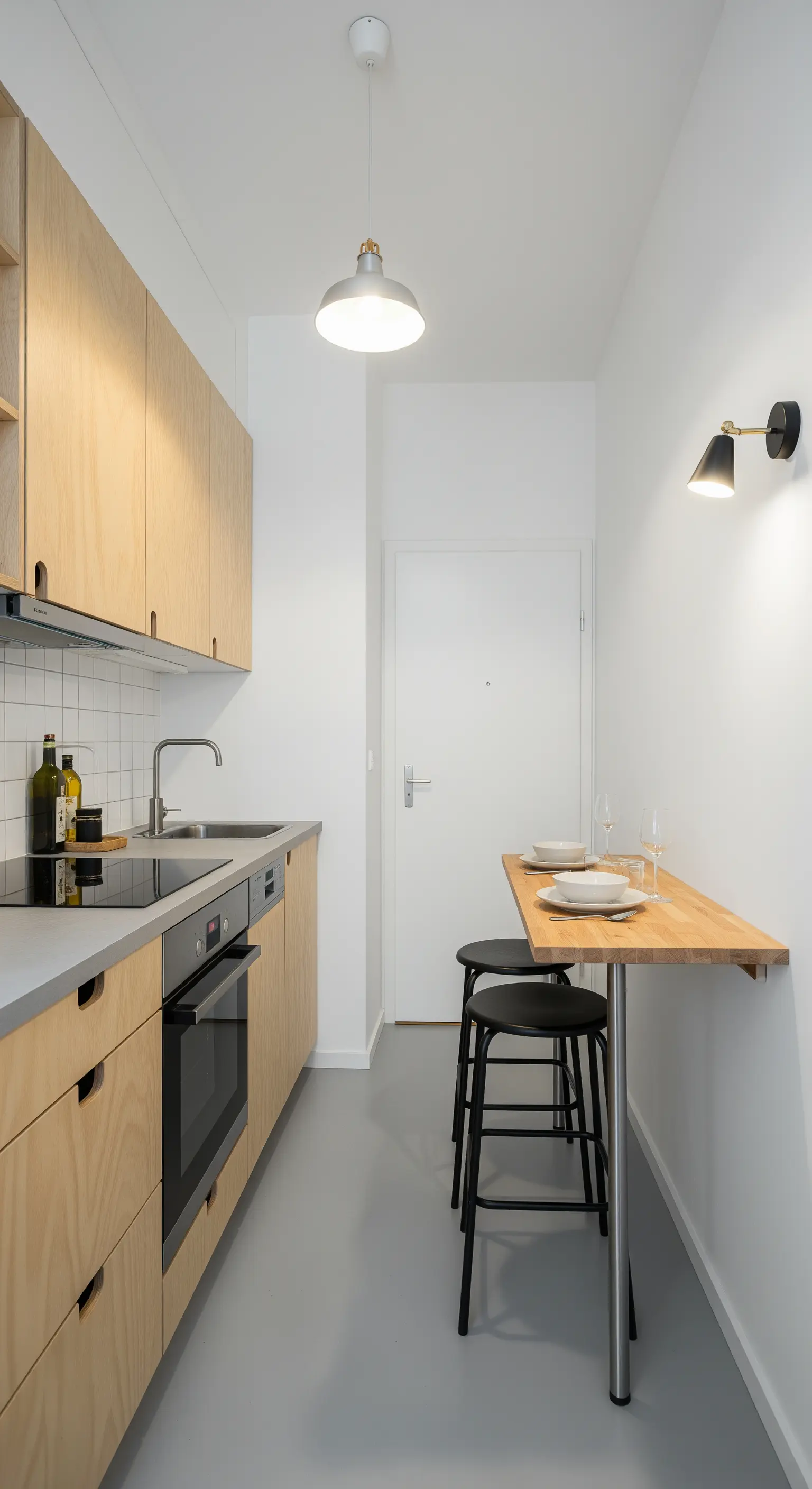 Kleine Küche mit Sperrholzfronten und einem platzsparenden Klapptisch aus Holz.