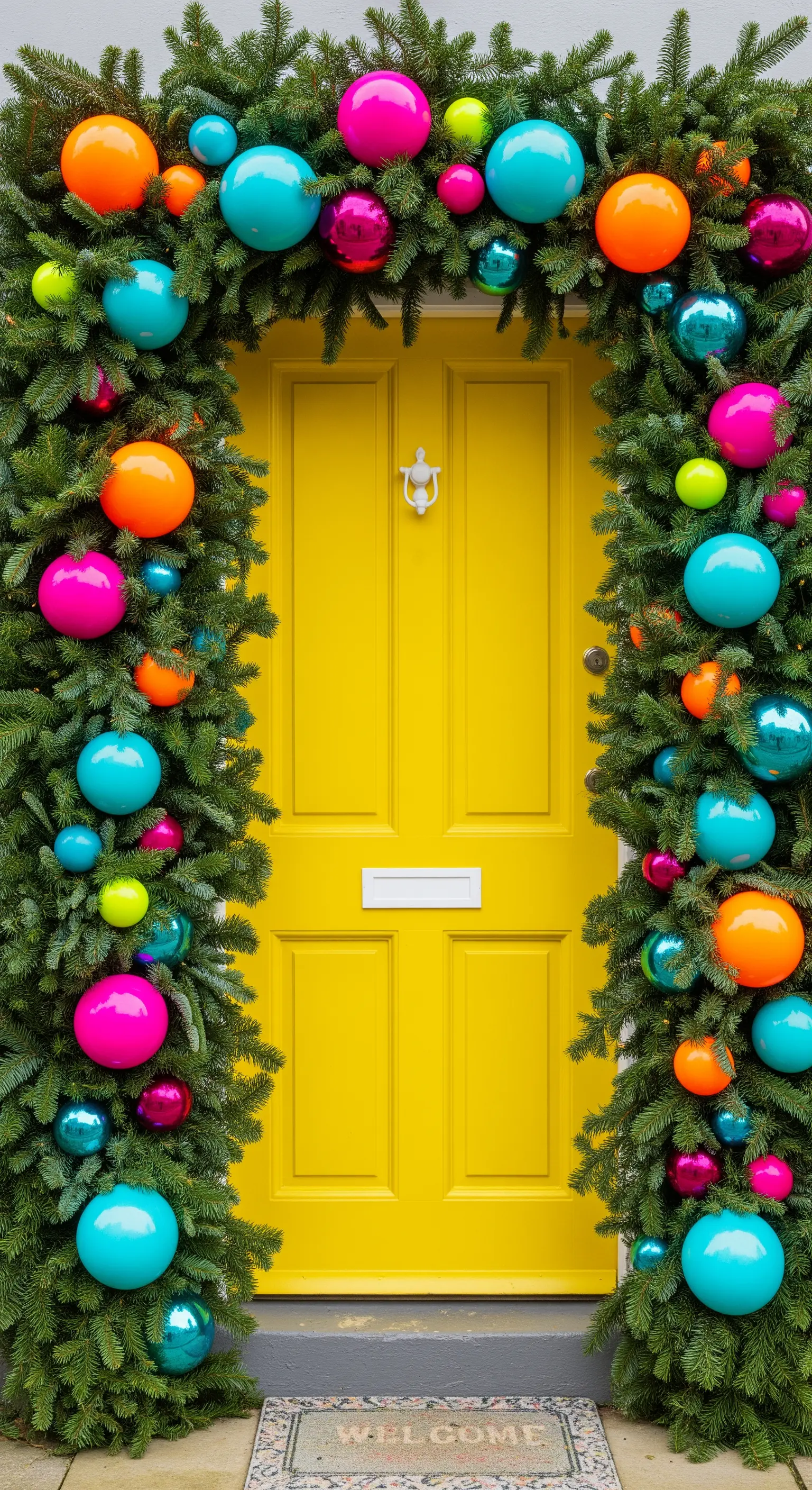 Gelbe Tür mit Tannengirlanden, großen, bunten Weihnachtskugeln in leuchtenden Farben.