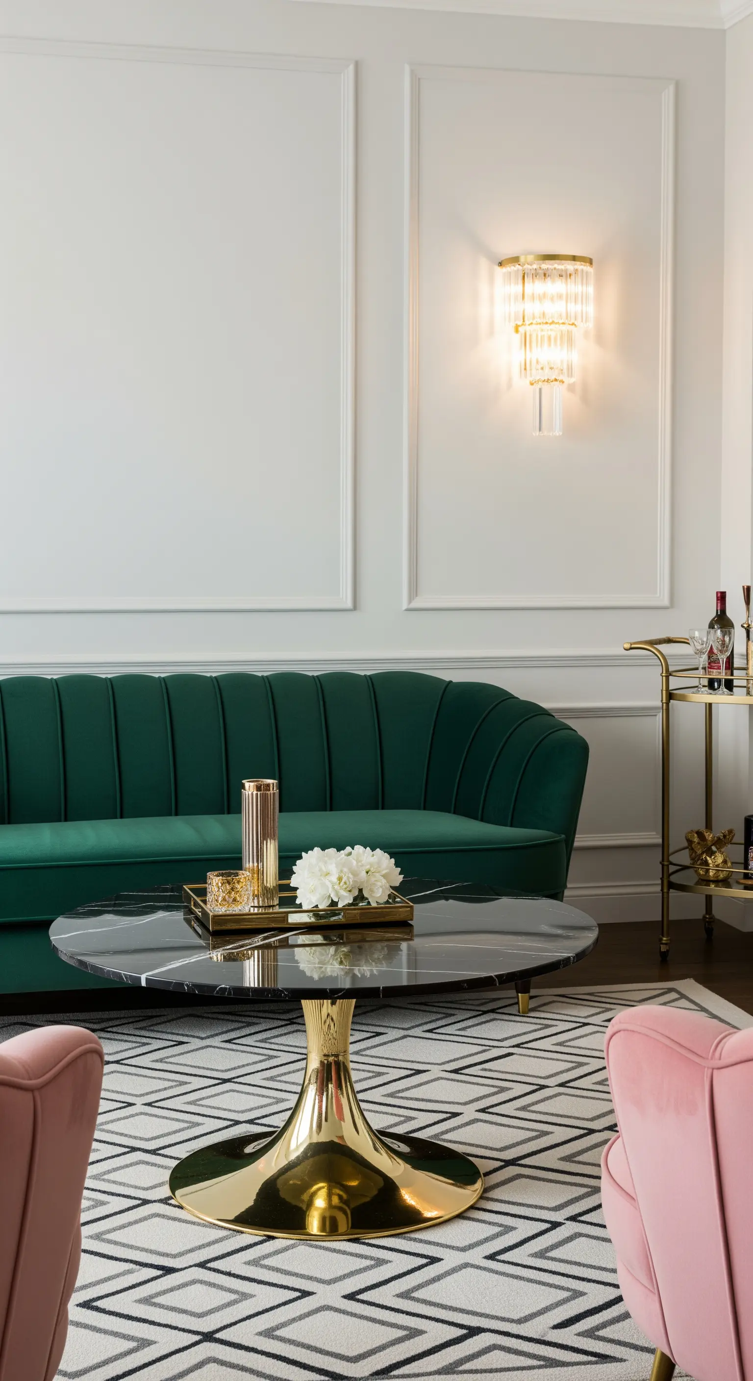 Runder schwarzer Marmortisch mit Goldfuß vor einem grünen Samtsofa.