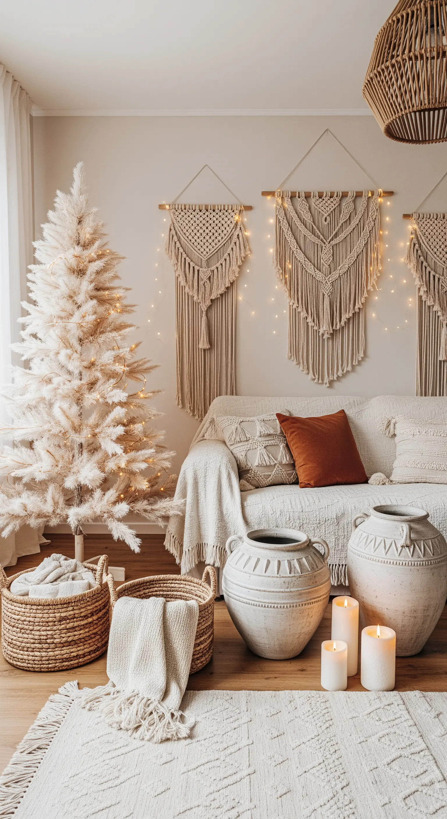 Boho-Wohnzimmer mit Makramee-Wandbehang, der von hinten mit Lichterketten beleuchtet wird.