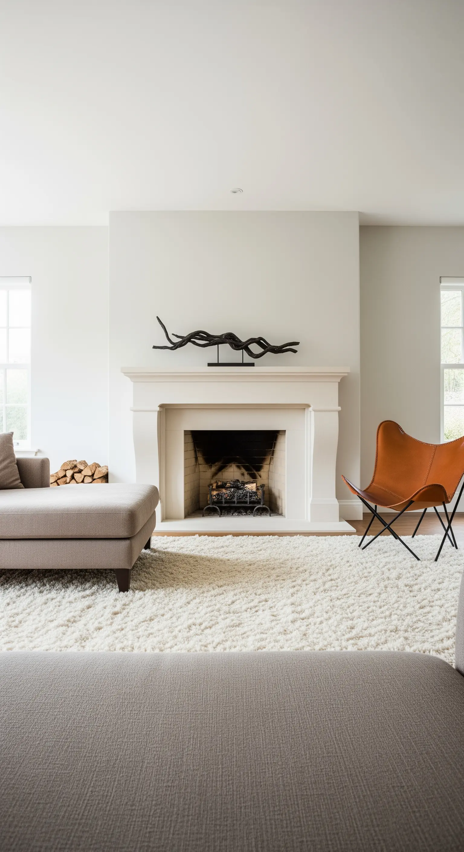 Weißes Wohnzimmer mit flauschigem Teppich, klassischem Kamin und einem Butterfly Chair aus Leder