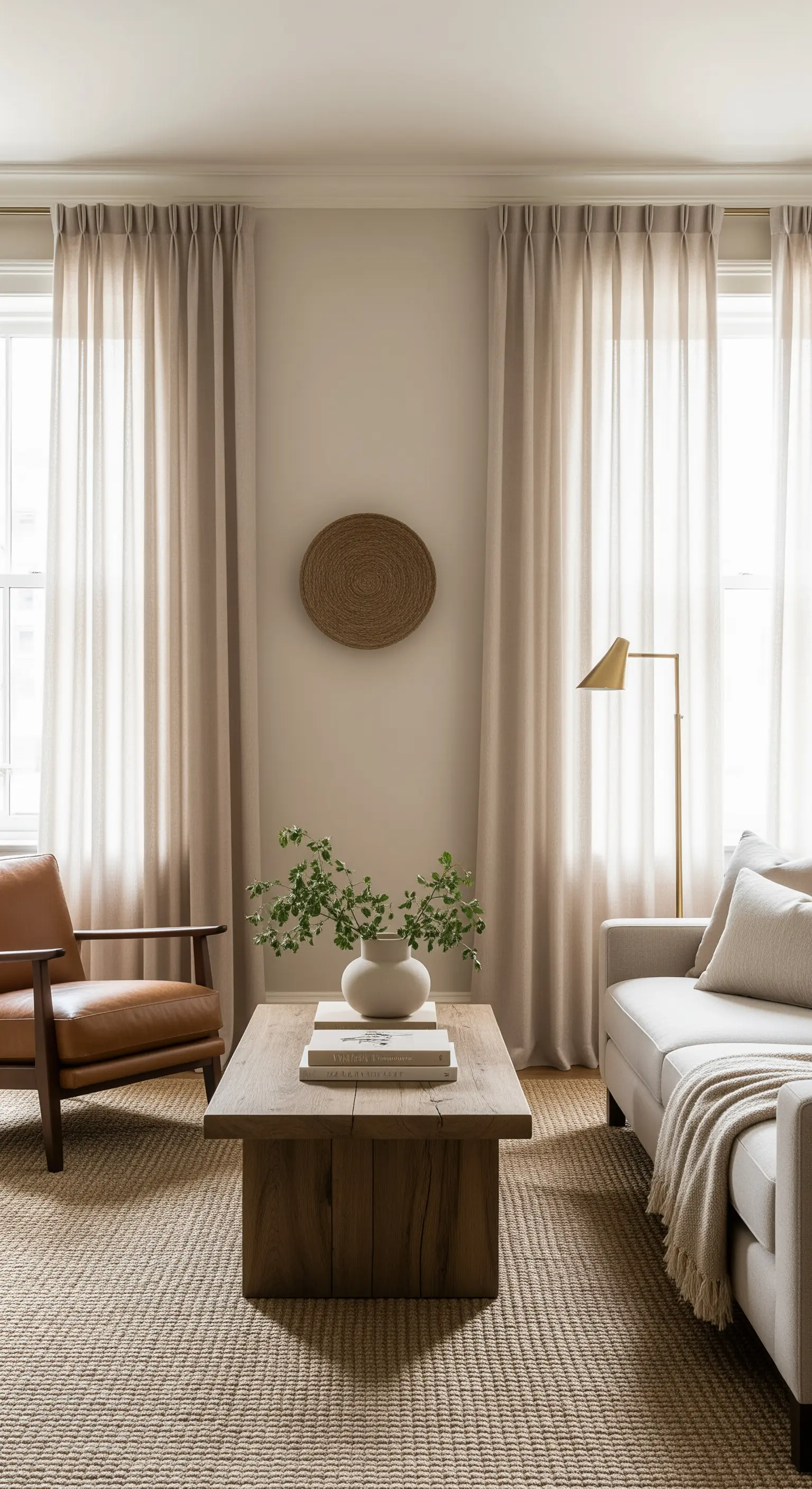 Wohnzimmer mit rustikalem Holztisch, Jute-Teppich und gewebtem Wandbehang