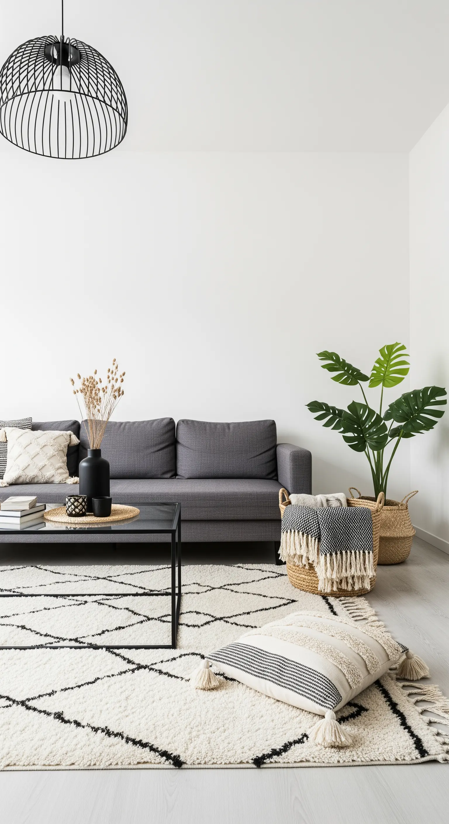 Schwarz-weißes Boho-Wohnzimmer mit gemustertem Teppich, Kissen und gewebten Körben.