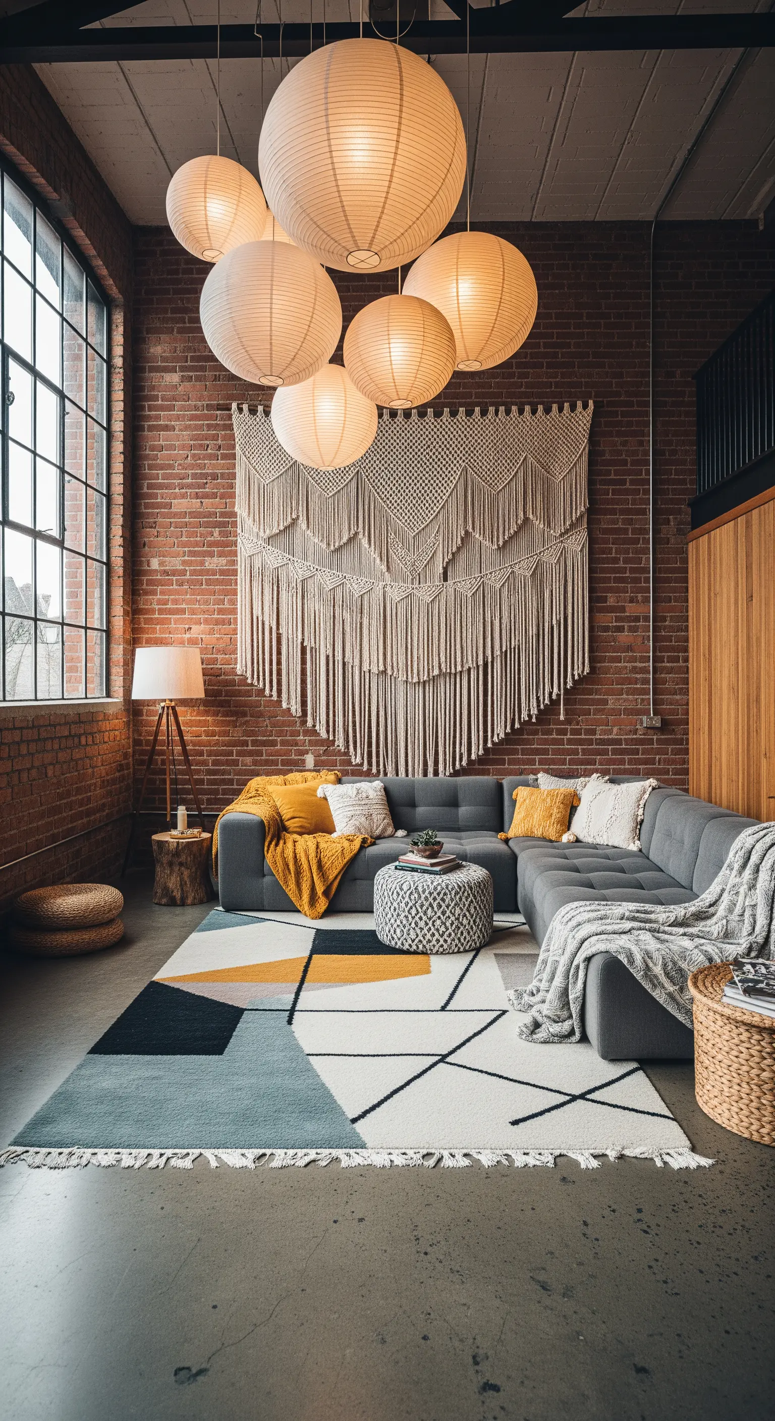 Ein Loft mit Backsteinwand, an der ein riesiges Makramee hängt, und Papierlampions an der Decke