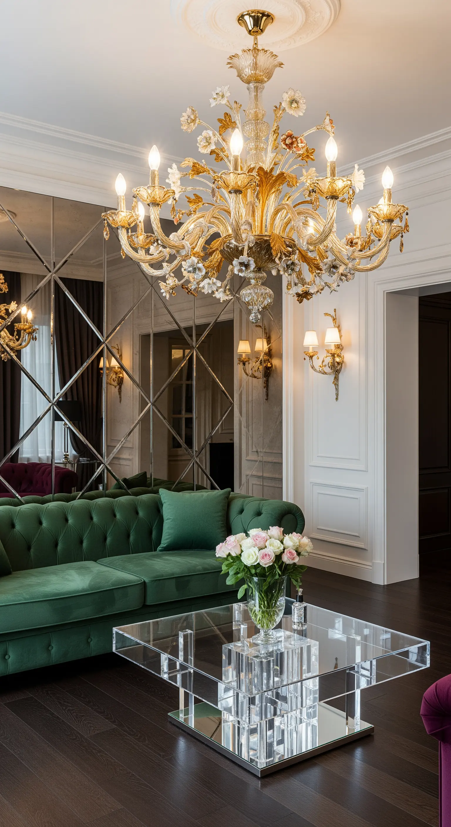 Goldener Barock-Kronleuchter über einem Acryl-Couchtisch und einem smaragdgrünen Samtsofa.