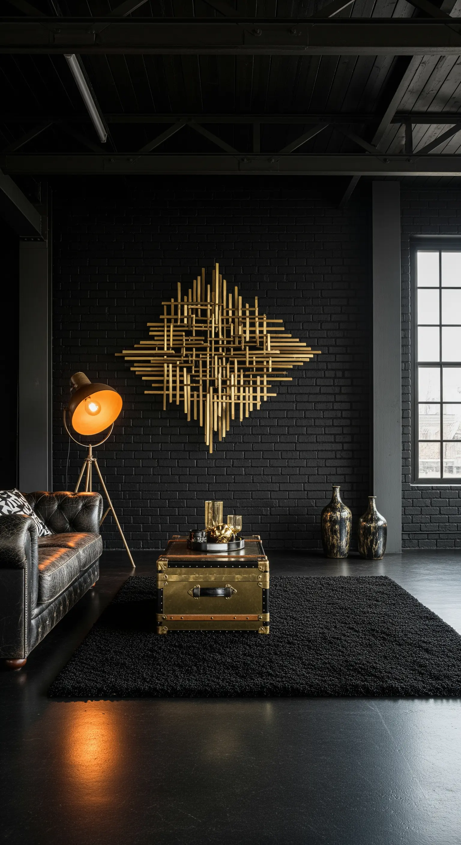 Industrielles Loft-Wohnzimmer mit schwarz gestrichener Ziegelwand und einer großen goldenen Metallskulptur.