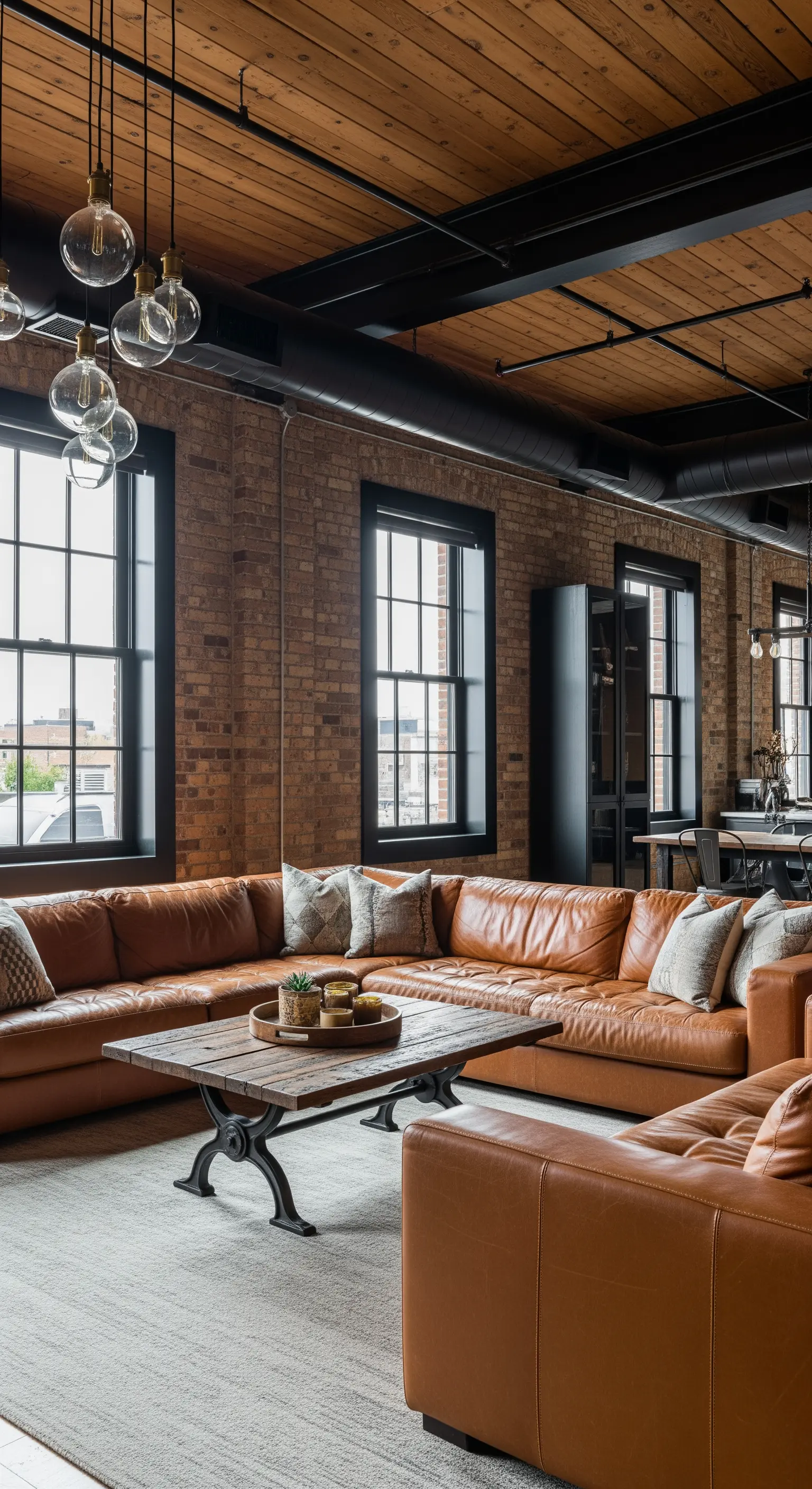 Loft-Wohnzimmer mit Backsteinwand, großer brauner Ledercouch und industriellen Details.