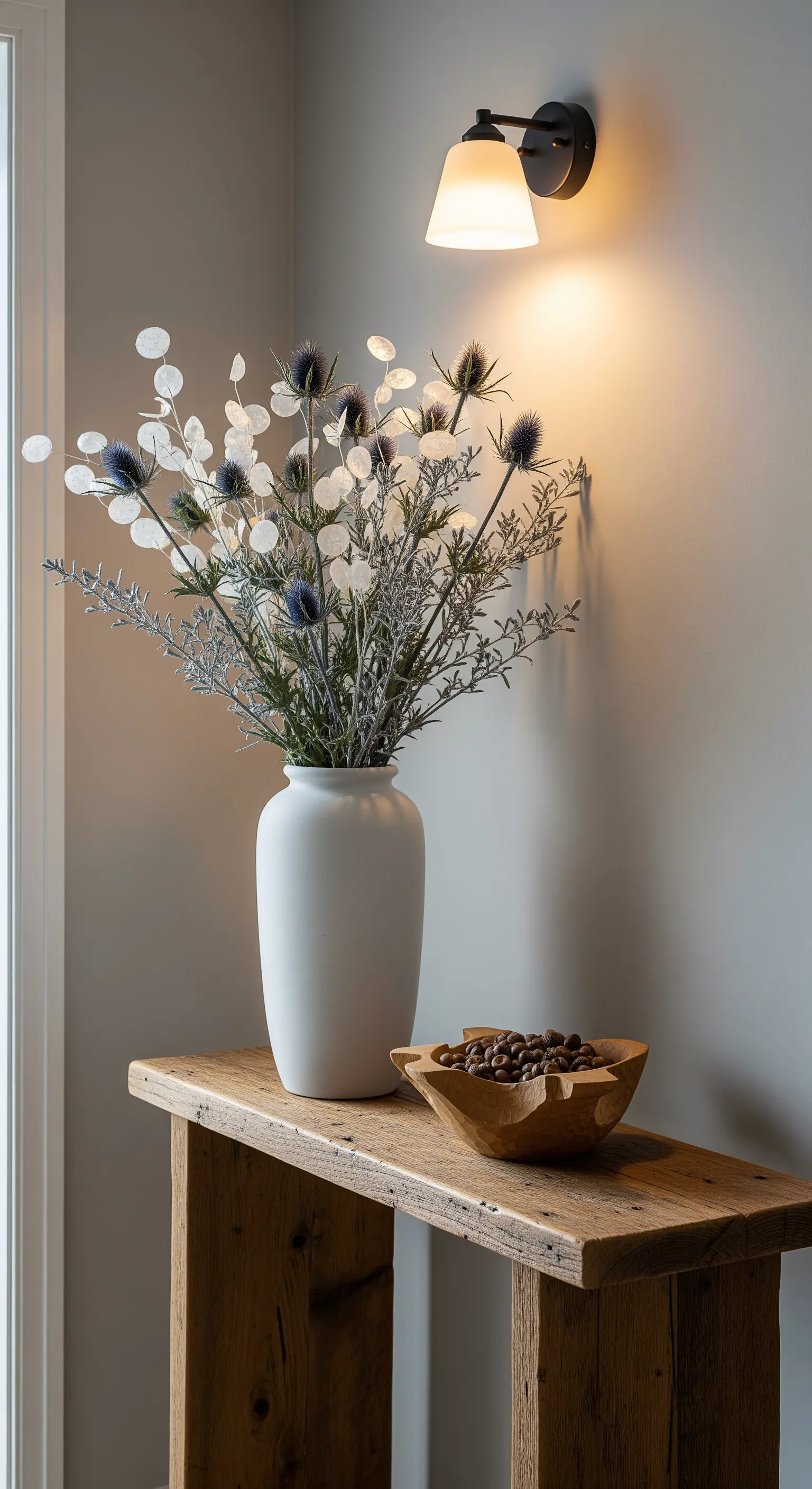 Weiße Keramikvase mit Trockenblumen auf einer rustikalen Holzbank im Flur.