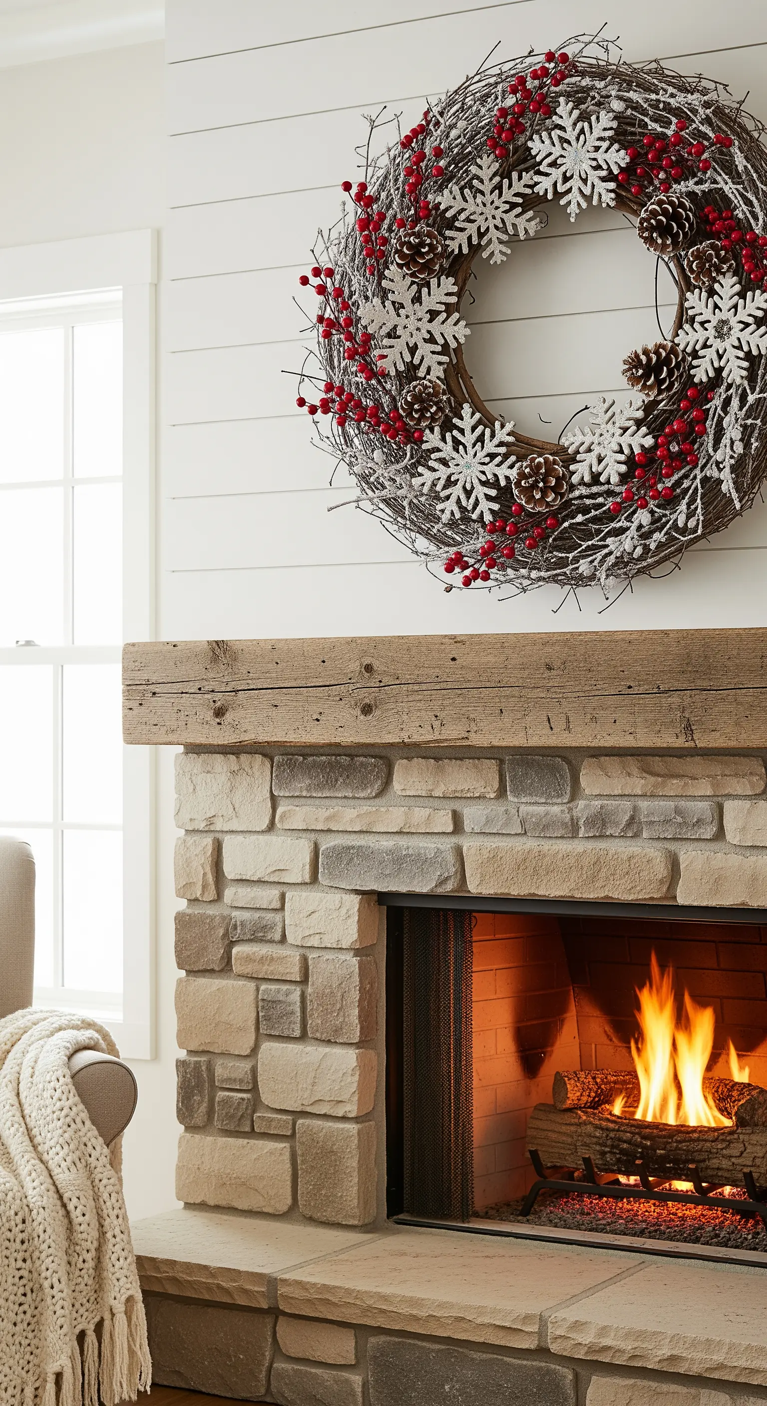 Rustikaler Winterkranz mit roten Beeren und weißen Schneeflocken über einem Kamin