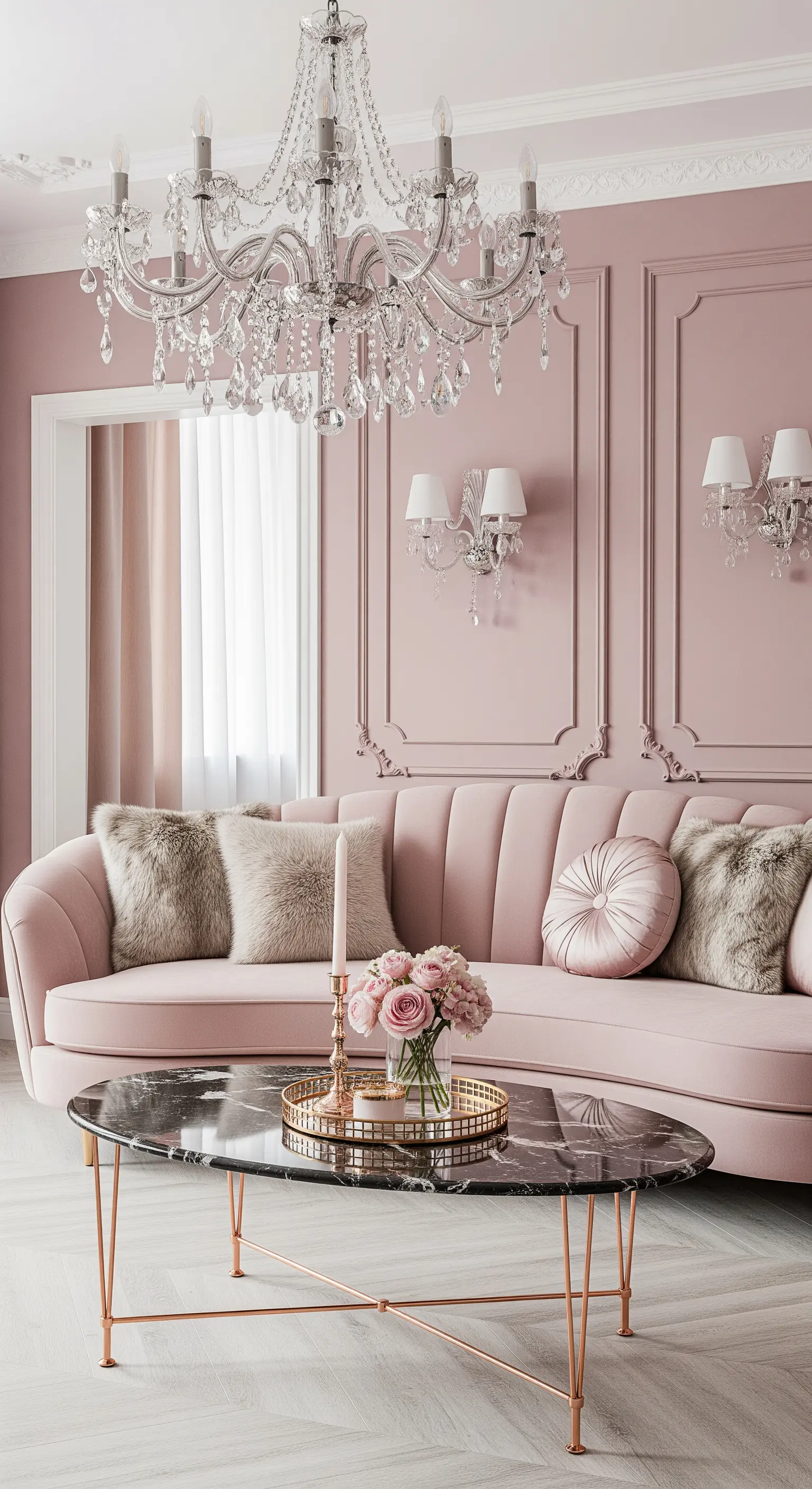 Ovaler schwarzer Marmortisch mit Roségold-Gestell in einem rosa Wohnzimmer.