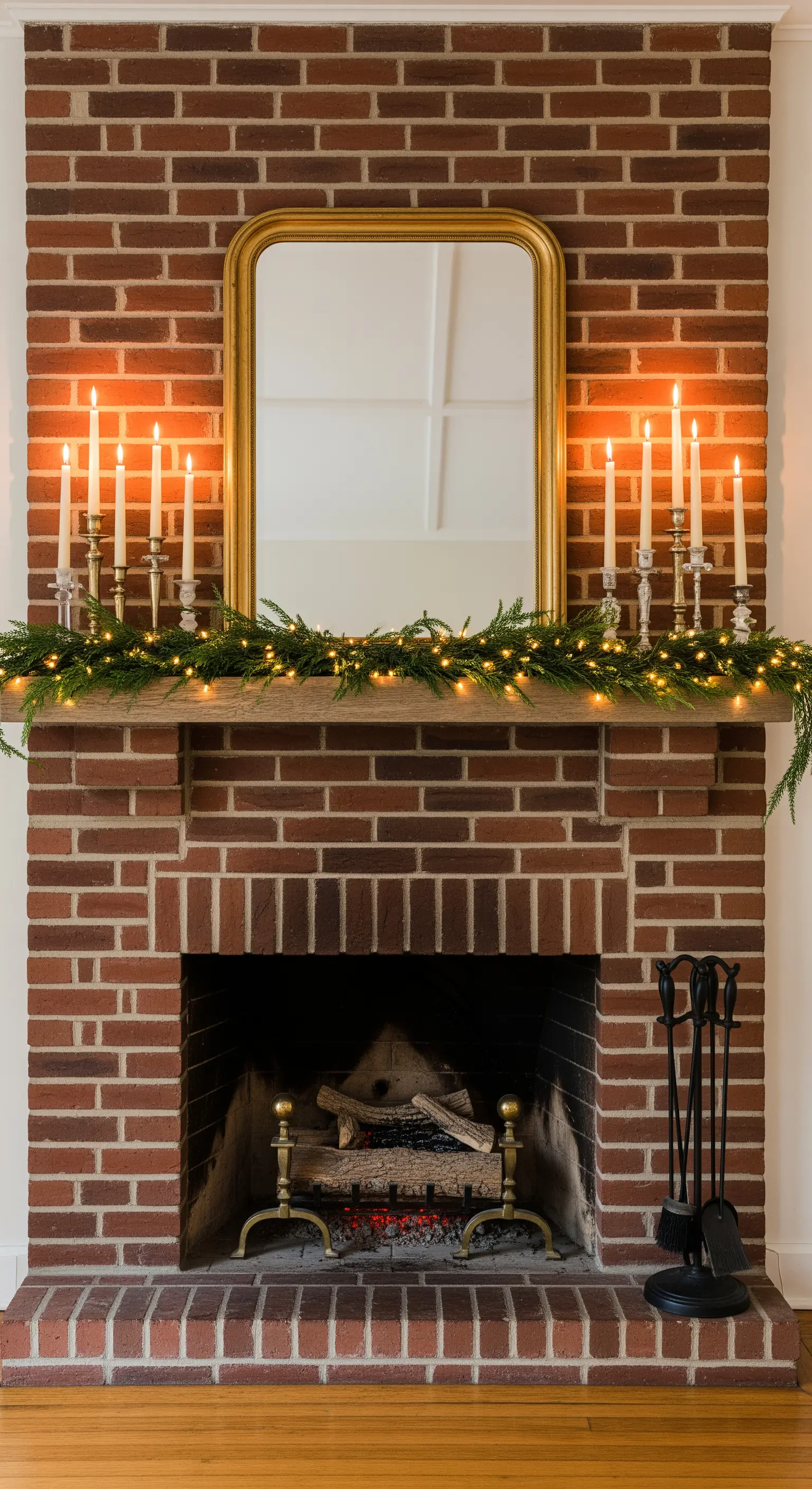 Backsteinkamin mit Spiegel, beleuchteter Girlande und symmetrisch angeordneten Stabkerzen.
