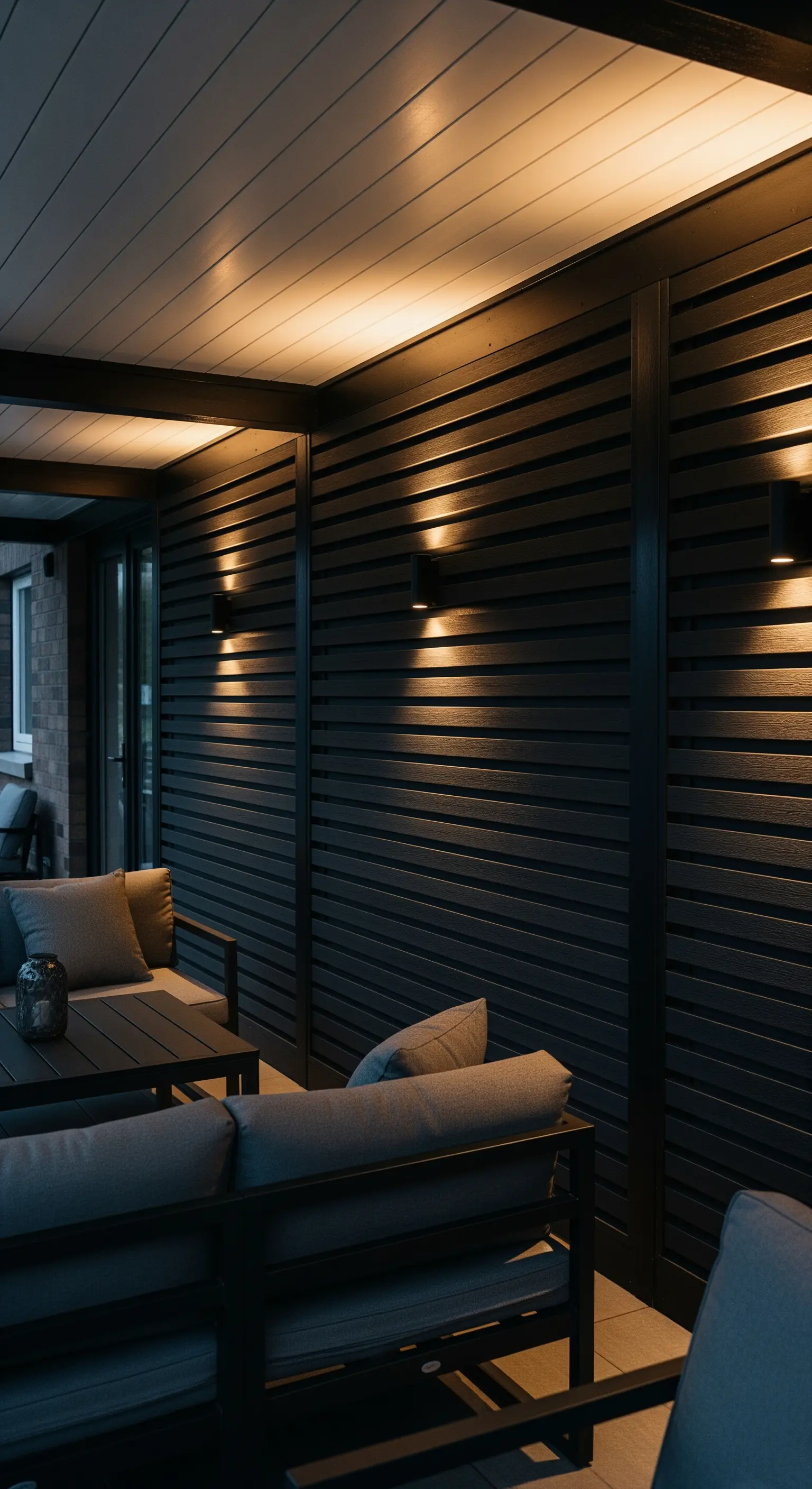Überdachte Terrasse mit dunkler Lamellenwand, indirekter Deckenbeleuchtung und Wandspots.