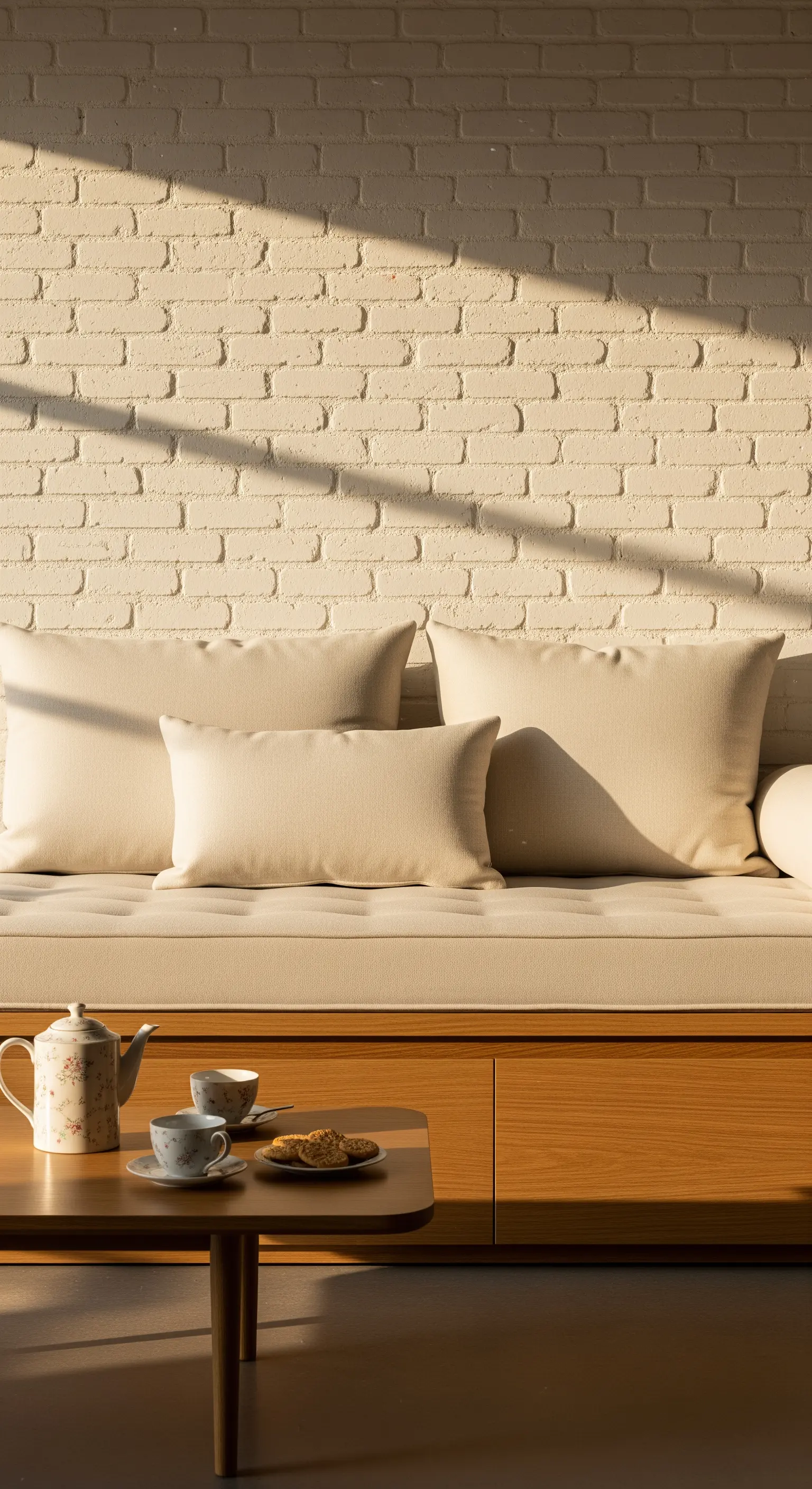 Japandi-Sitzbank mit Cremekissen, Holztisch und weißer Ziegelwand.