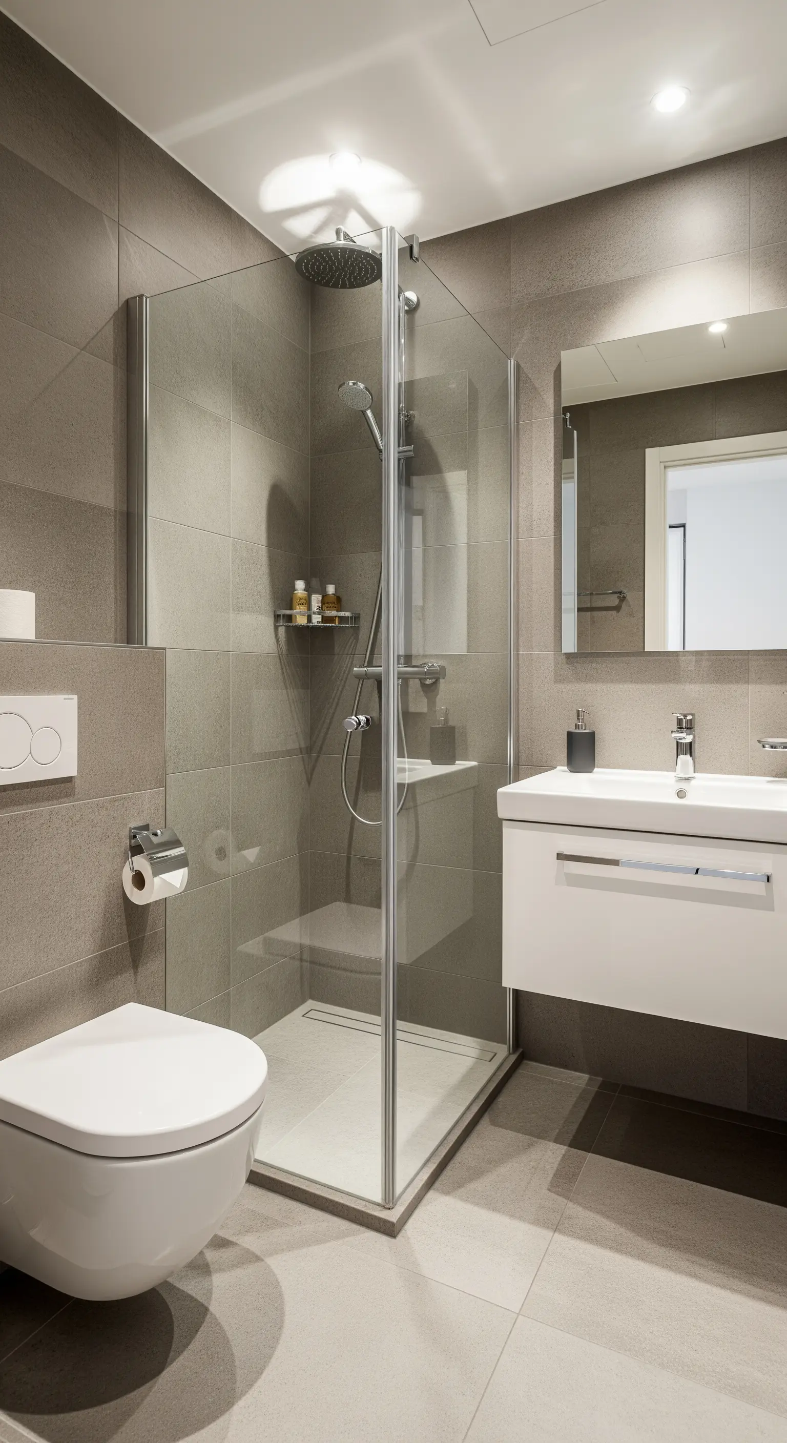 Kleines, funktionales Badezimmer mit grauen Fliesen, Eckdusche aus Glas und schwebendem Waschtisch