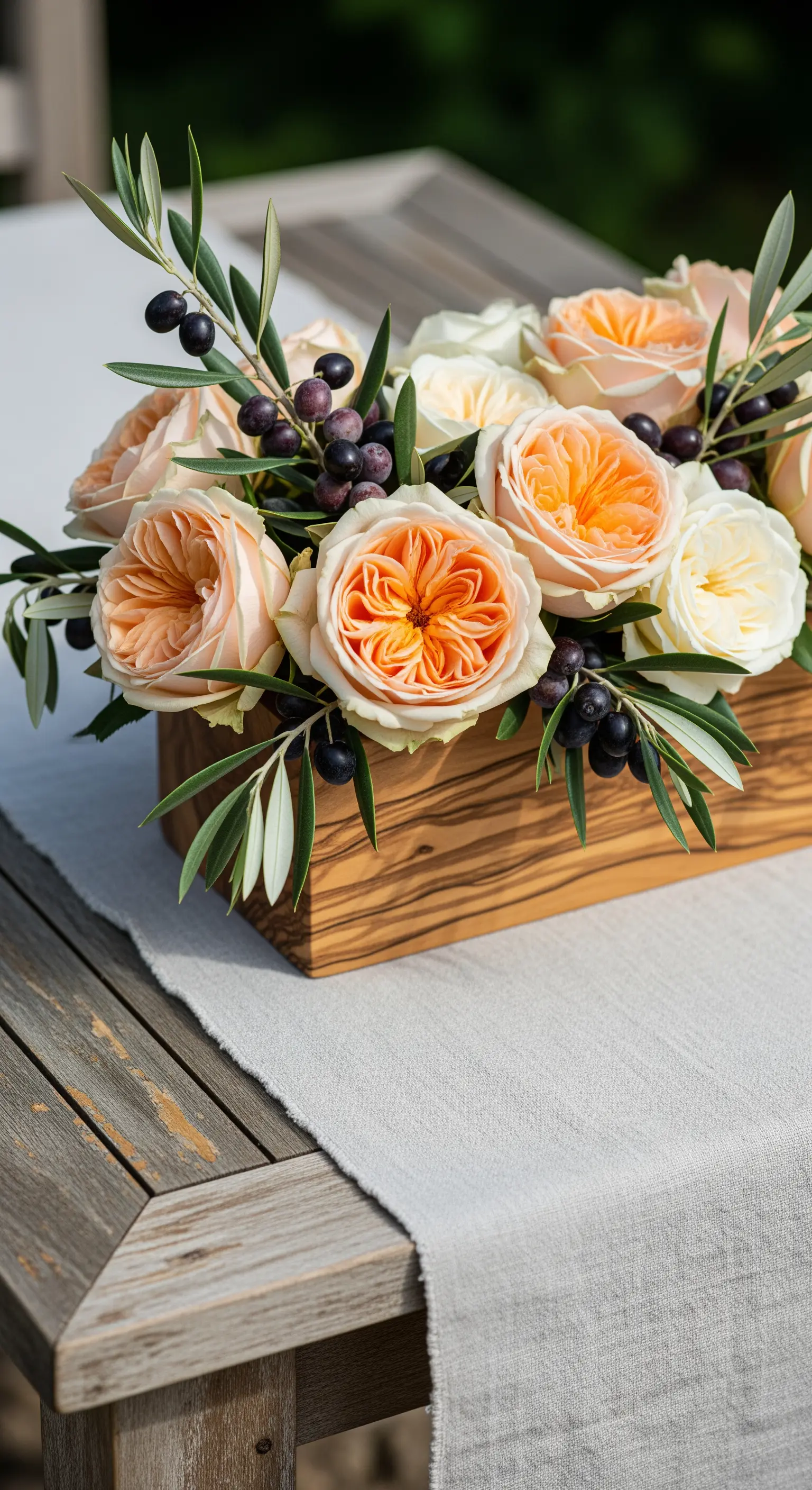 Blumenarrangement mit pfirsichfarbenen Rosen und Olivenzweigen in einem Olivenholzkasten