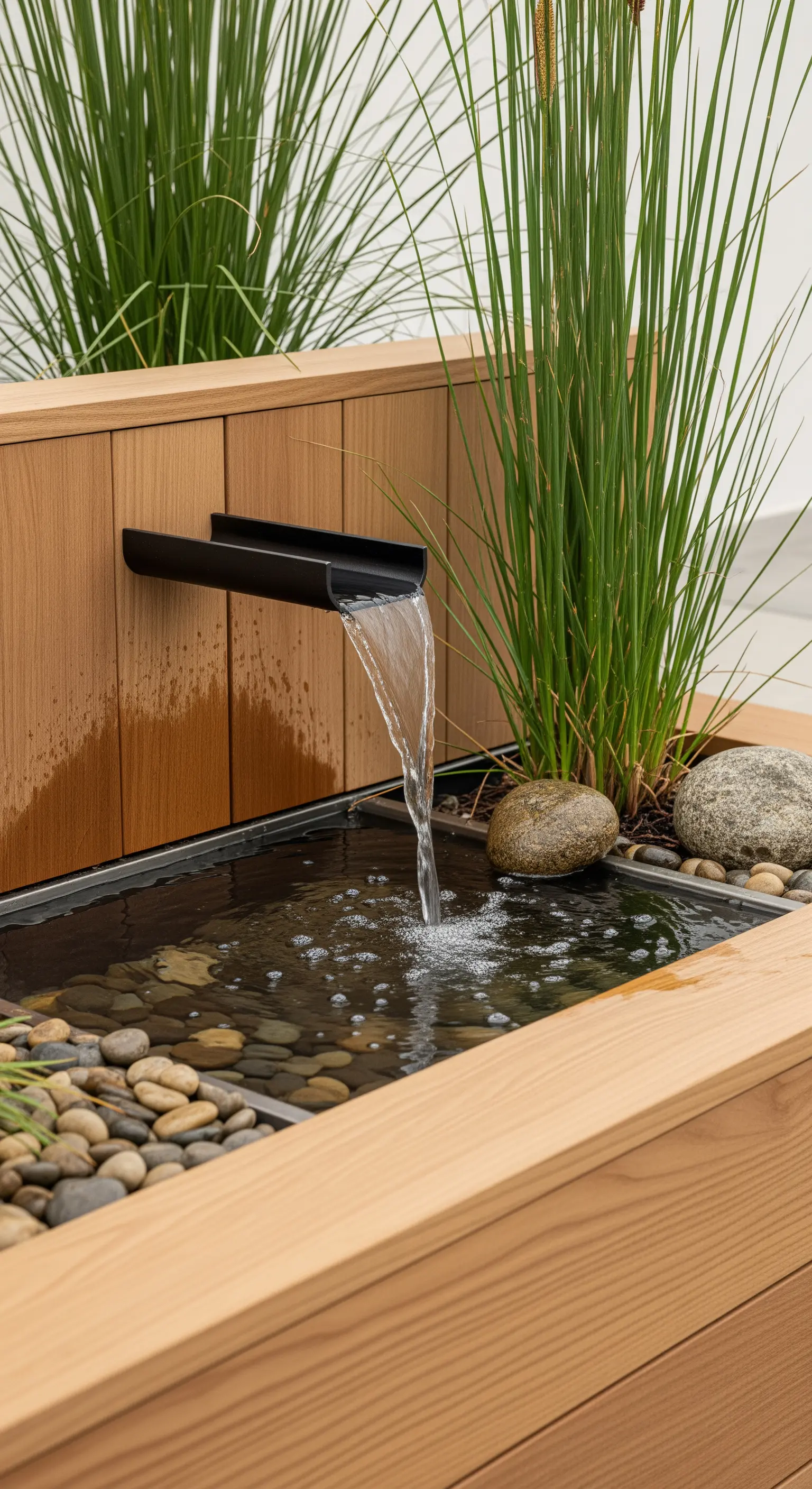 Kompaktes Wasserspiel, Holzhochbeet, Kieselsteine, Gräser